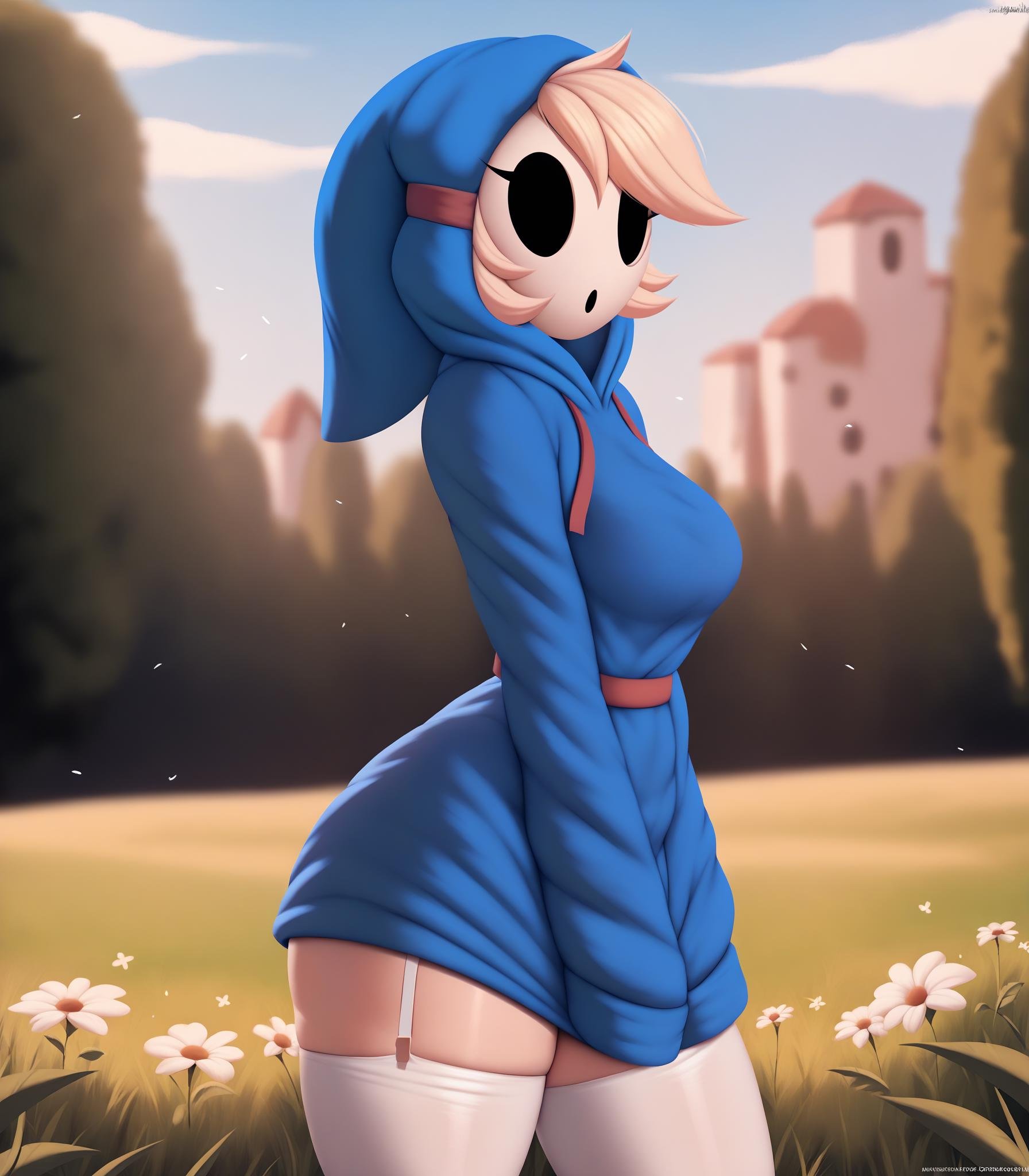 score_9, score_8_up, score_7_up, score_6_up, score_5_up, score_4_up, source_furry, 6gh, shyguy, mario \(series\), breasts, clothed, clothing, female, hood, legwear, light body, light skin, mask, not furry, solo, stockings, detailed background, outside, field, eyelashes, looking at viewer, simple face, motion lines, emanata, side view, petite, slim, small waist, blue clothing <lora:shyguy_pdxl:1>