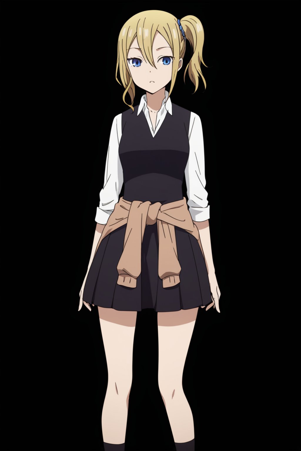 score_9, score_8_up, score_7_up, score_6_up, score_5_up, score_4_up, BREAK, source_anime,hayasaka_v1, school uniform, 1girl, blonde hair, solo, shuuchiin academy school uniform, school uniform,, clothes around waist, side ponytail, hair between eyes,