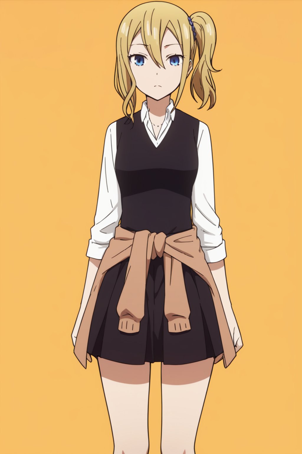 score_9, score_8_up, score_7_up, score_6_up, score_5_up, score_4_up, BREAK, source_anime,hayasaka_v1, school uniform, 1girl, blonde hair, solo, shuuchiin academy school uniform, school uniform,, clothes around waist, side ponytail, hair between eyes,