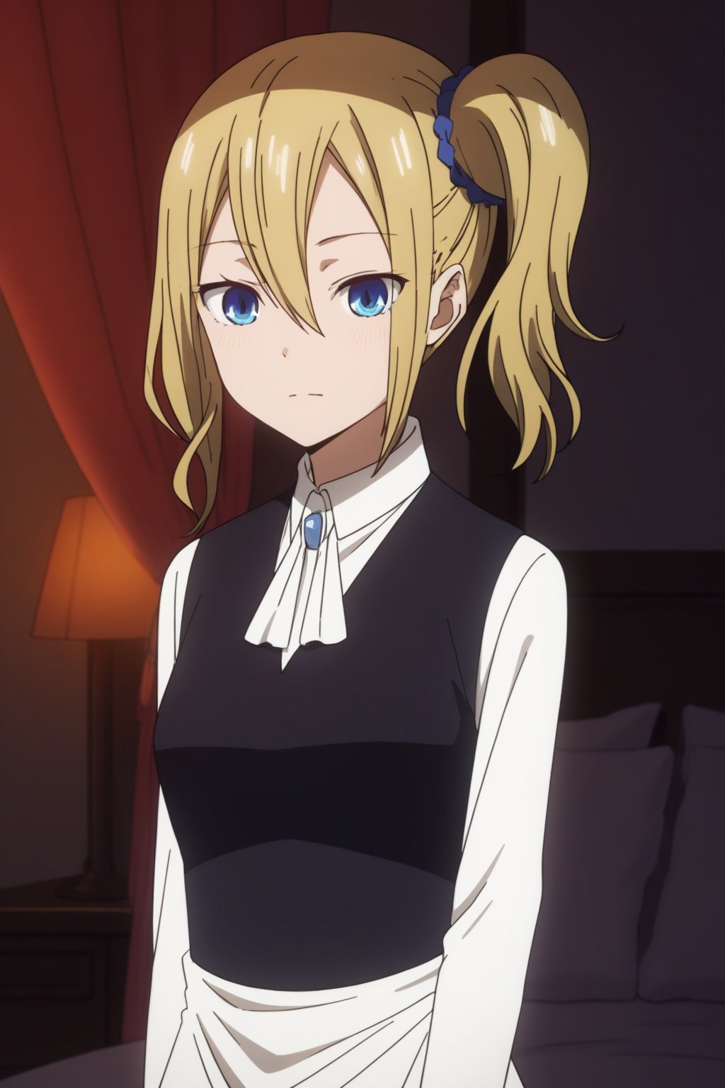 score_9, score_8_up, score_7_up, score_6_up, score_5_up, score_4_up, BREAK, source_anime,hayasaka_v1, maid, 1girl, blonde hair, solo, blue eyes, blue scrunchie, hair scrunchie, side ponytail, scrunchie, hair ornament, hair between eyes