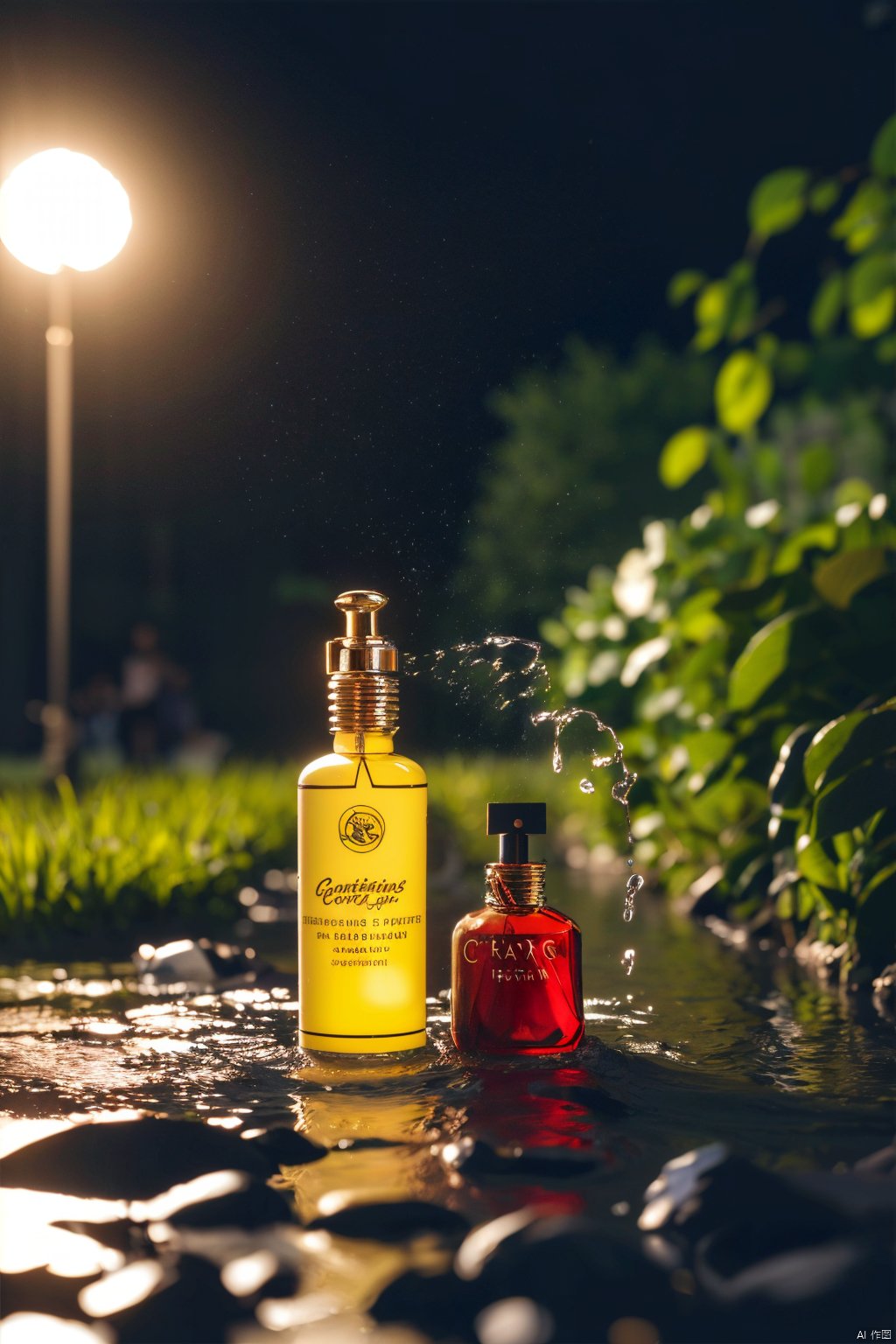  Cosmetic commercial posters,A cinematic photograph of a bottle of perfume conatins a lowers and small tropical fish inside at creek, sunrise in background, firefly surrounded outside,(water splashing:1.2),
cinematic, bokeh, photograph, Rembrandt light, atmospheric lighting, volumetric lighting,  petals, grass,  leaves, vine entanglements, water droplets, forests, ray tracing, 3d art, depth of field, surreal, octane rendering, c4d, complex details,
Deformed, unrealistic, bad quality, grainy, noisy, plastic, hazy, low contrast,yellow,grayscale, 