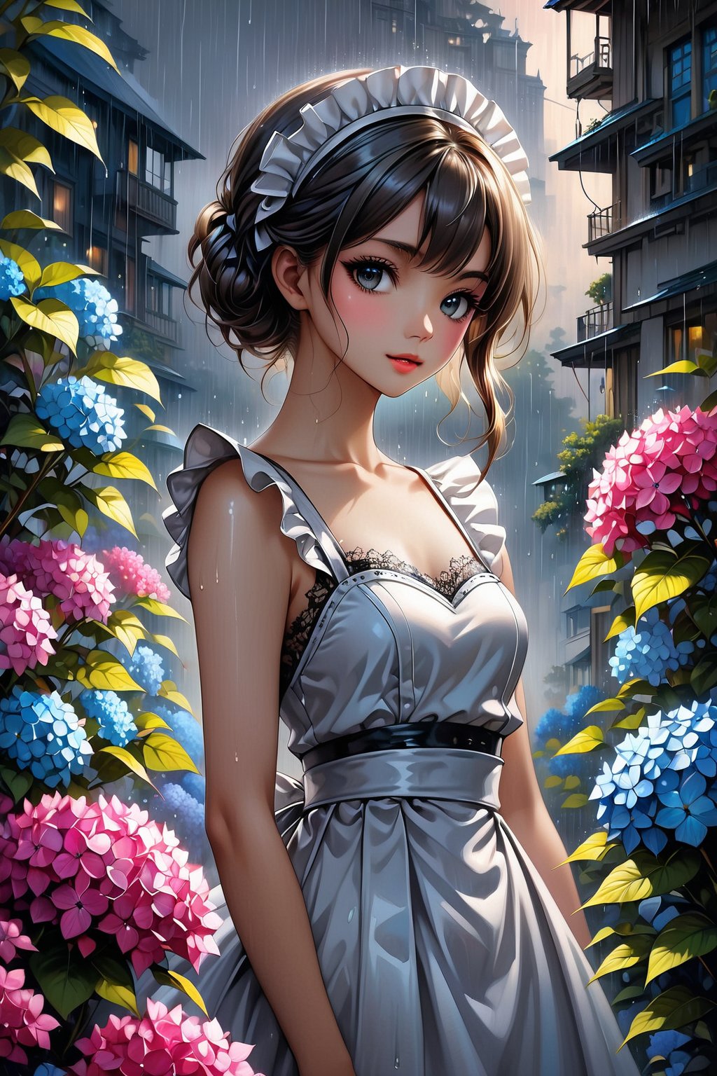 A stunning young woman dressed in modern-style attire, modernism, 2D, anime, 2d illust, (Anime Illustration:1.4), white lace dress, bracelets, (masterpiece, top quality, best quality, official art, beautiful and aesthetic:1.2), (japanese girl), black hair, wet, plants, pink flower, (hydrangea, blue flower),(rain:1.2), (lights reflection),outdoors, portrait, extreme detailed, (fractal art:1.3), highest detailed, depth of field,amazing quality, score_9, score_8_up,REALISTIC, in the style of esao andrews,Maid uniform