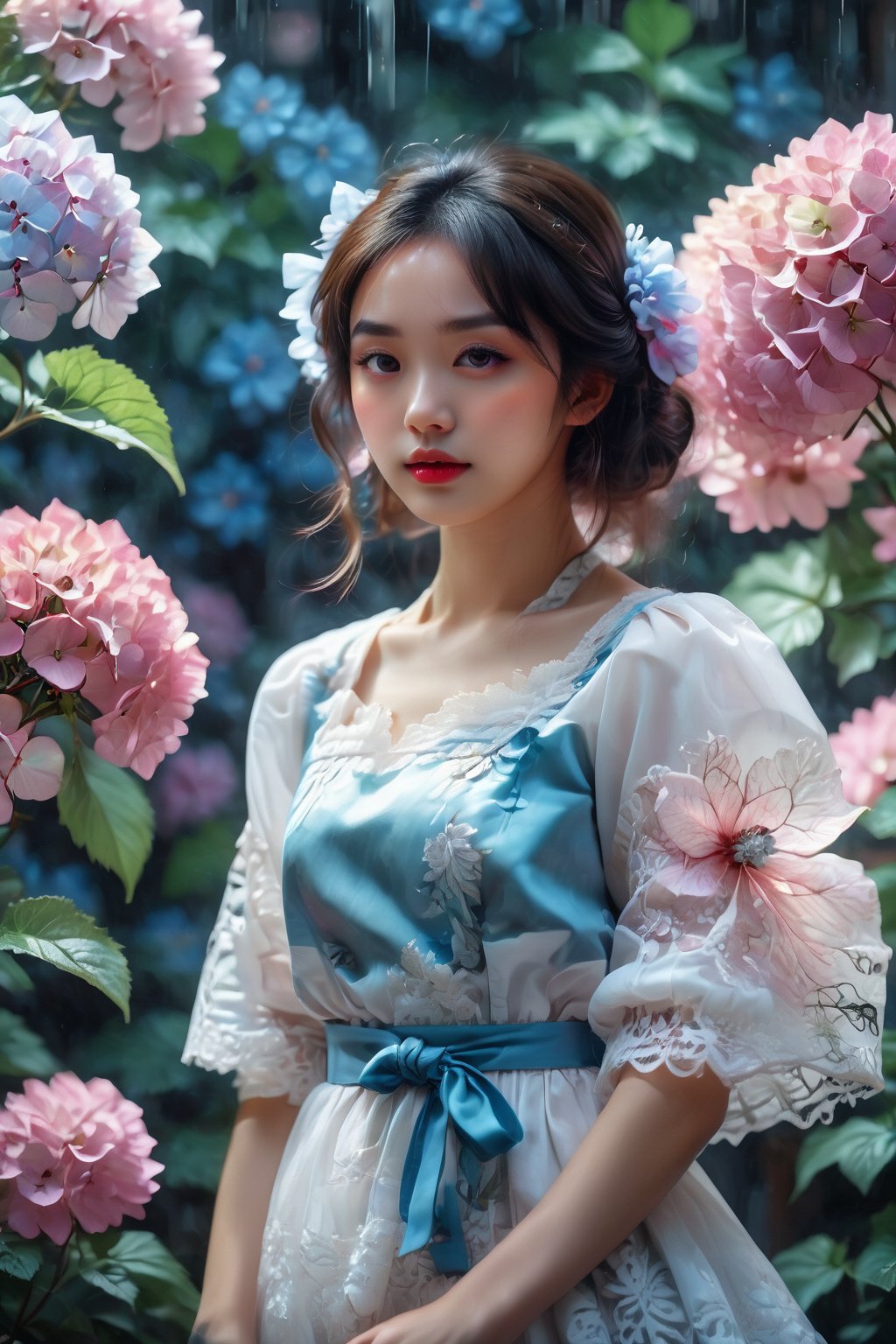 A stunning young woman dressed in modern-style attire, modernism, 2D, anime, 2d illust, (Anime Illustration:1.4), white lace dress, bracelets, (masterpiece, top quality, best quality, official art, beautiful and aesthetic:1.2), (japanese girl), black hair, wet, plants, pink flower, (hydrangea, blue flower),(rain:1.2), (lights reflection),outdoors, portrait, extreme detailed, (fractal art:1.3), highest detailed, depth of field,amazing quality, score_9, score_8_up,REALISTIC, in the style of esao andrews,Maid uniform