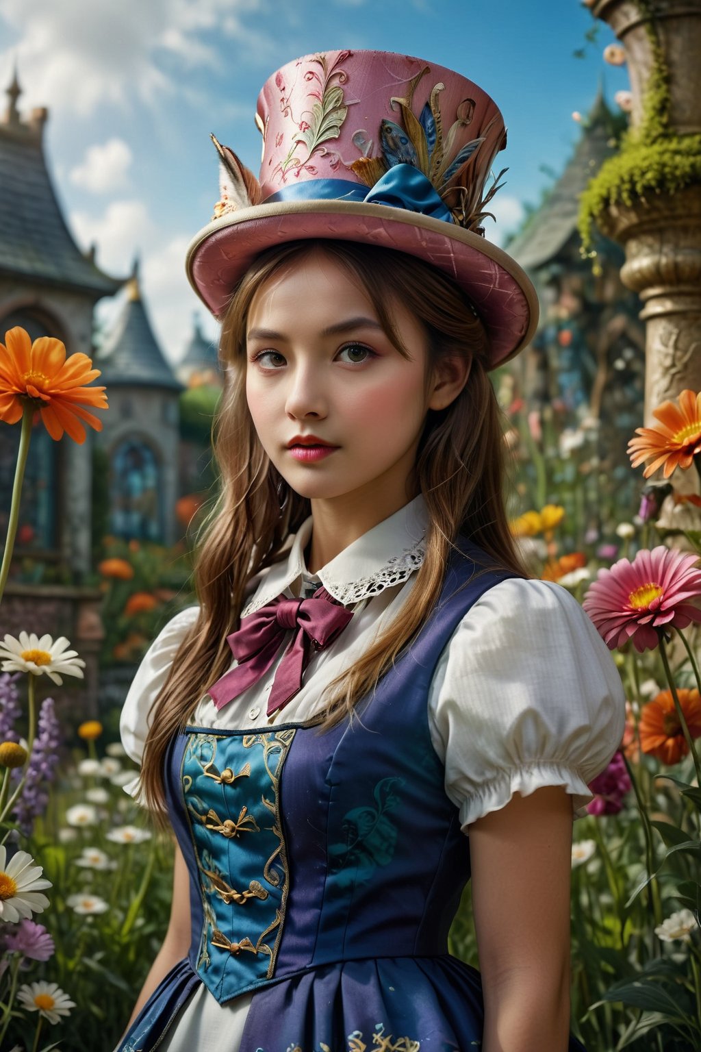 Alice in Wonderland background, 1 girl, cladding in a colorful waistcoat and donning an whimsically decorated (top hat adorned with flowers).fantasy, (garden tea party), (Cinematic lighting, ethereal light, intricate details, extremely detailed, incredible details, full colored), complex details, hyper maximalist, gorgeous light and shadow, detailed decoration, detailed lines. masterpiece, best quality, HDR, UHD, unreal engine. looking at the camera, fair skin, beautiful face,Mireiyu,simplecats