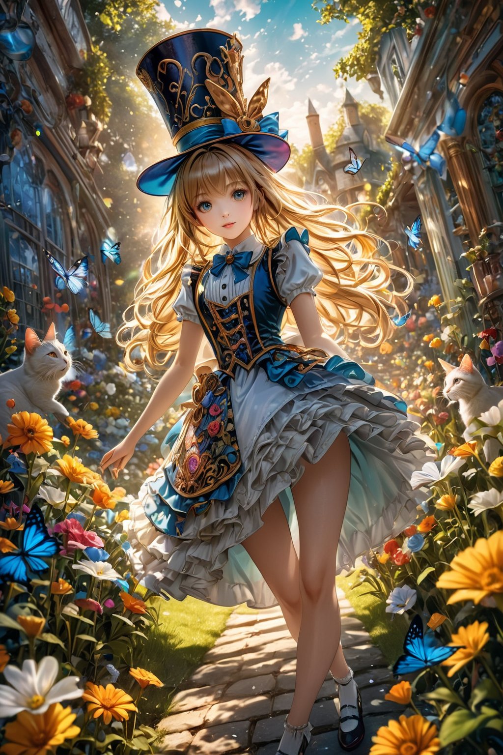 Alice in Wonderland background, 1 girl, cladding in a colorful waistcoat and donning an whimsically decorated (top hat adorned with flowers).fantasy, (garden tea party), (Cinematic lighting, ethereal light, intricate details, extremely detailed, incredible details, full colored), complex details, hyper maximalist, gorgeous light and shadow, detailed decoration, detailed lines. masterpiece, best quality, HDR, UHD, unreal engine. looking at the camera, fair skin, beautiful face,Mireiyu,simplecats
