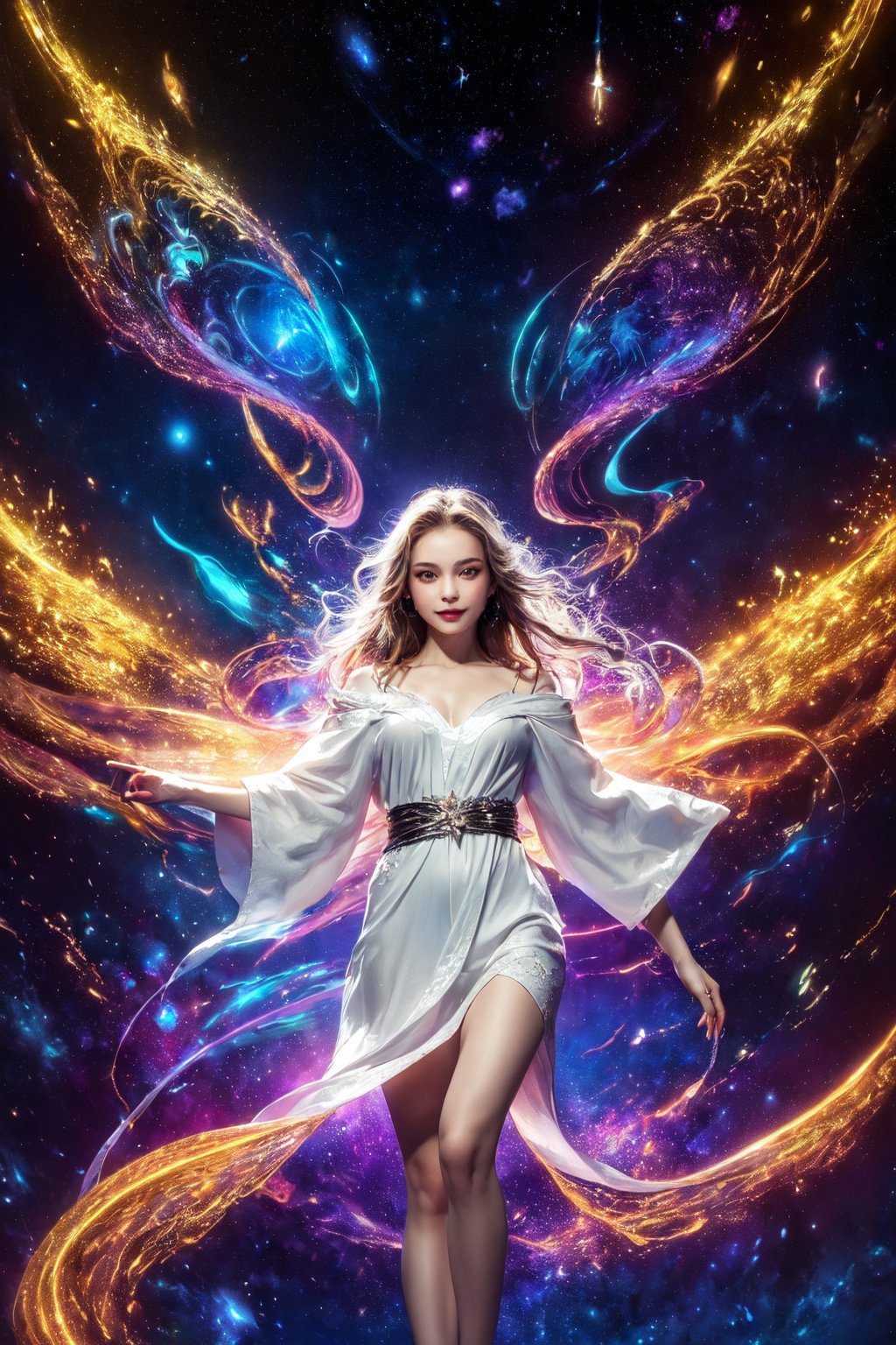 (masterpiece, best quality, 4k, 8k, highres:1.5), 1girl, solo, celestial witch, astral projection, galaxy background, stardust trails, lunar symbols, cosmic energy, robes adorned with stars