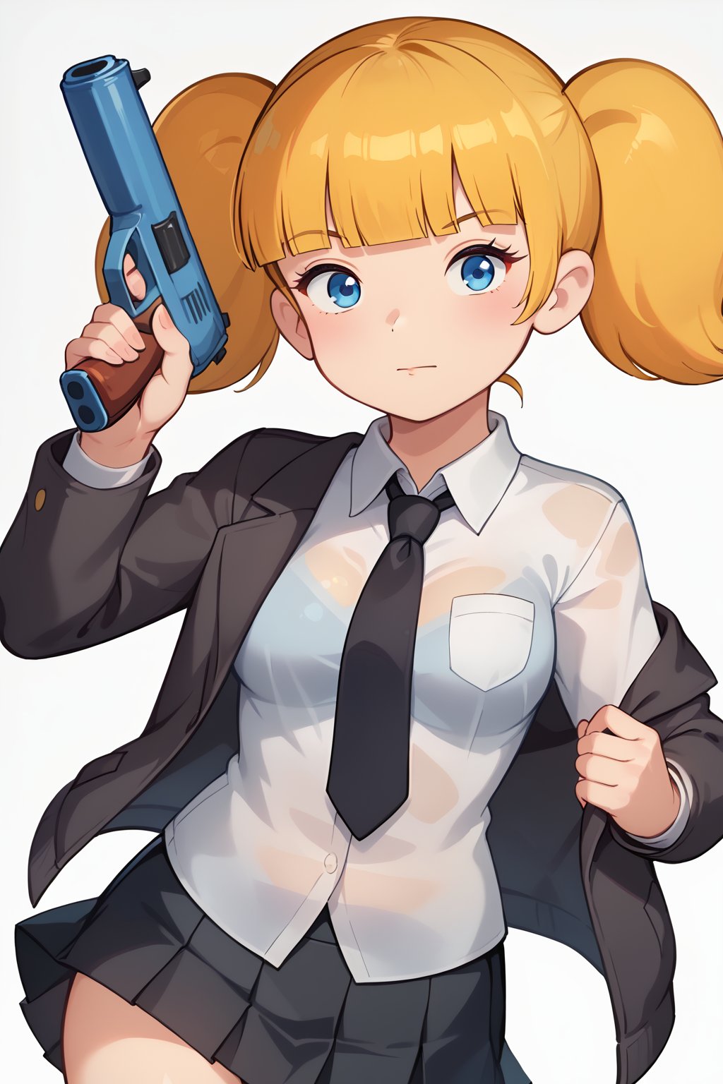 (1girl, solo, Penny_gadget, blonde hair, twintails, blue eyes,blunt bangs, school uniform, collared shirt, white shirt, black necktie, black skirt, black wool jacket, holding a gun)