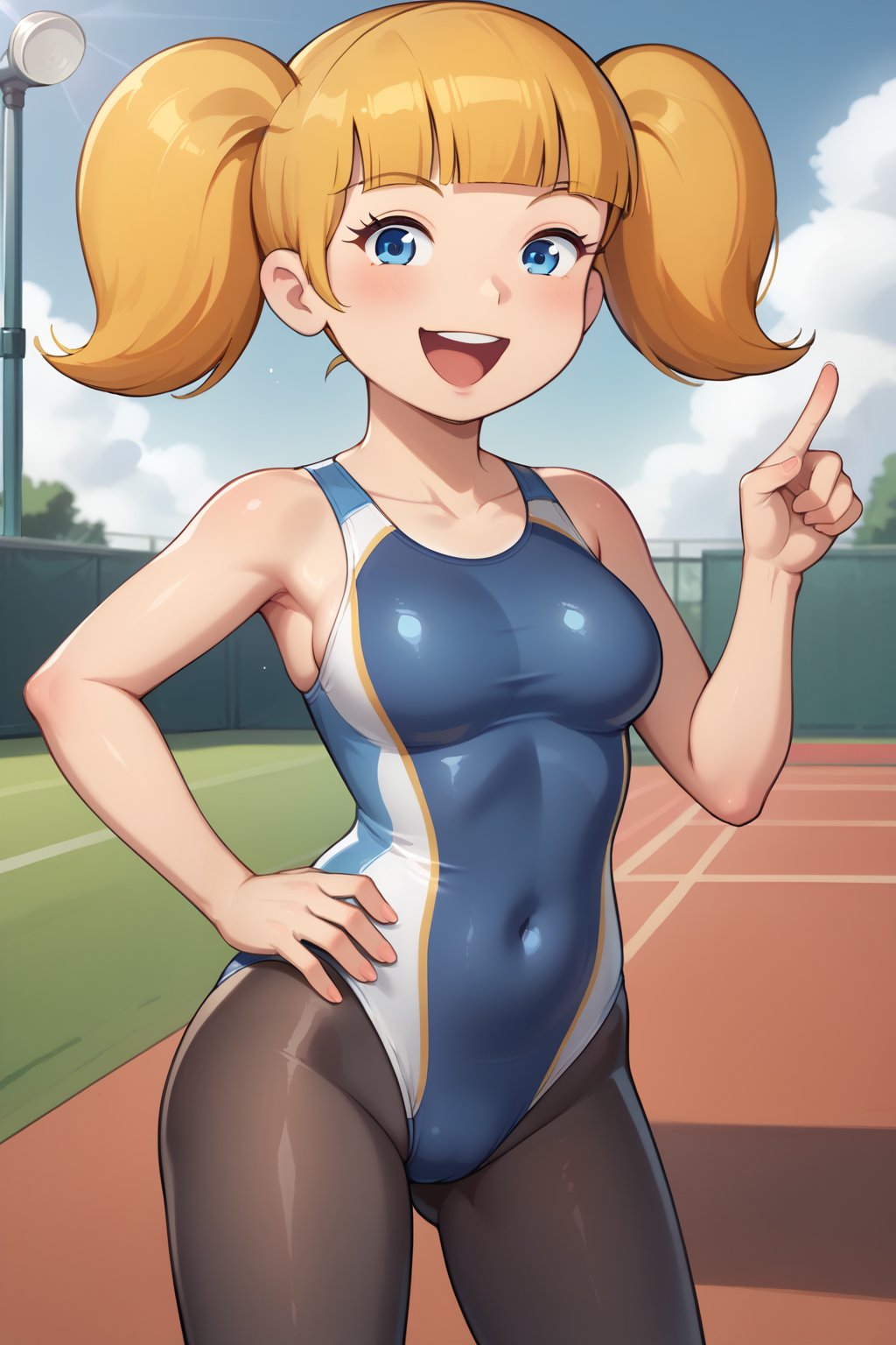 (1girl, solo, Penny_gadget, loli,  blonde hair, twintails, blue eyes,blunt bangs, competition swimsuit, black pantyhose, pointing, happy),