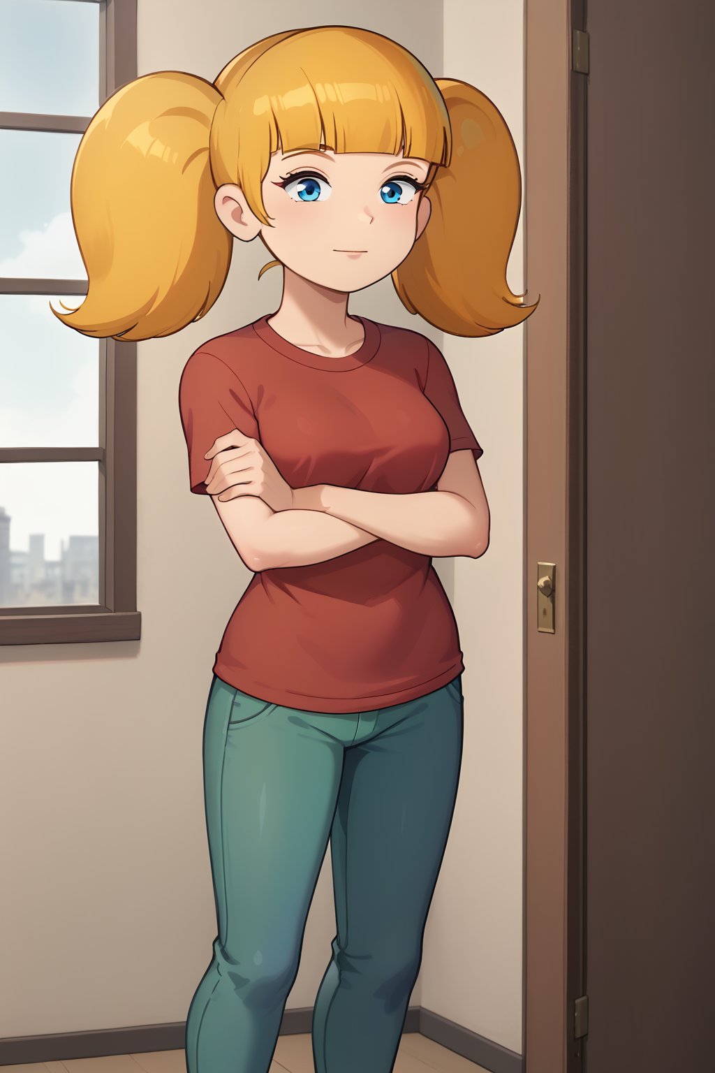 (1girl, solo, Penny_gadget, blonde hair, twintails, blue eyes,blunt bangs, red shirt, green pants, crossing arms),