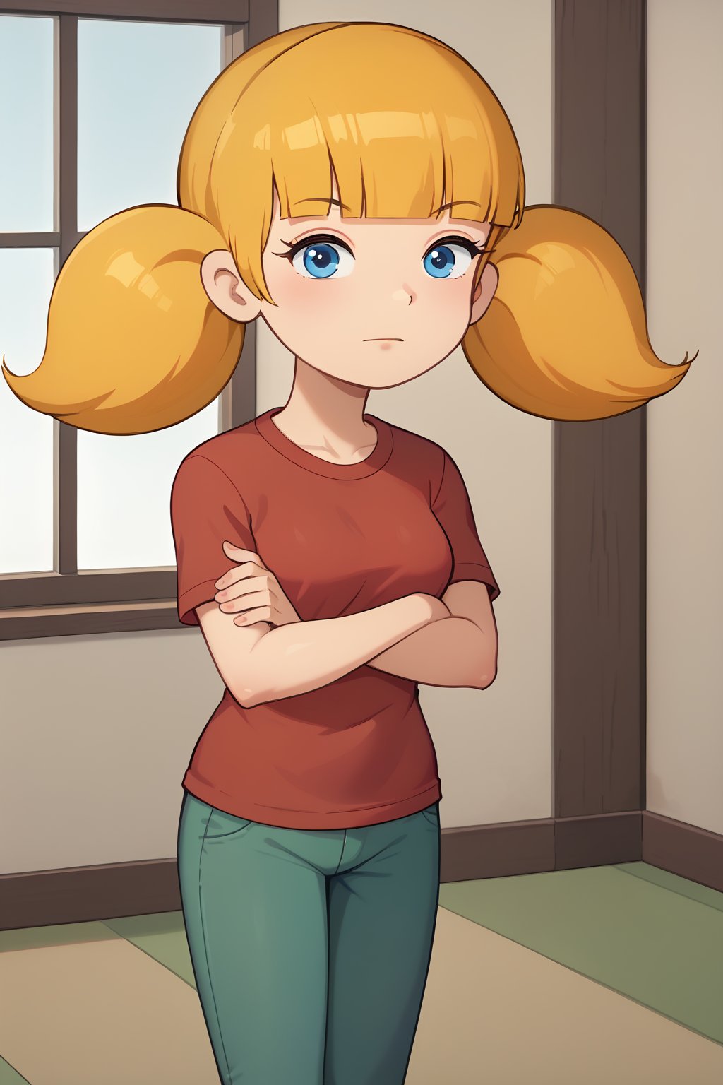 (1girl, solo, Penny_gadget, 10yo, blonde hair, twintails, blue eyes,blunt bangs, red shirt, green pants, crossing arms),