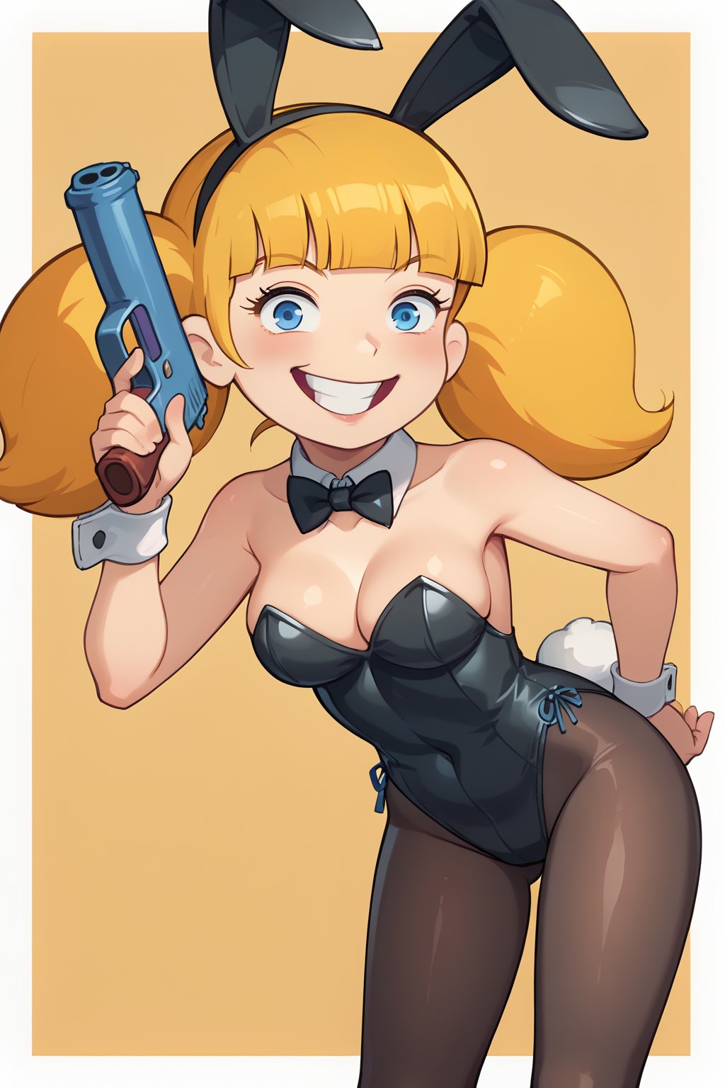 (1girl, solo, Penny_gadget, blonde hair, twintails, blue eyes,blunt bangs, bunny playboy, black pantyhose, crazy smile, holding a gun)