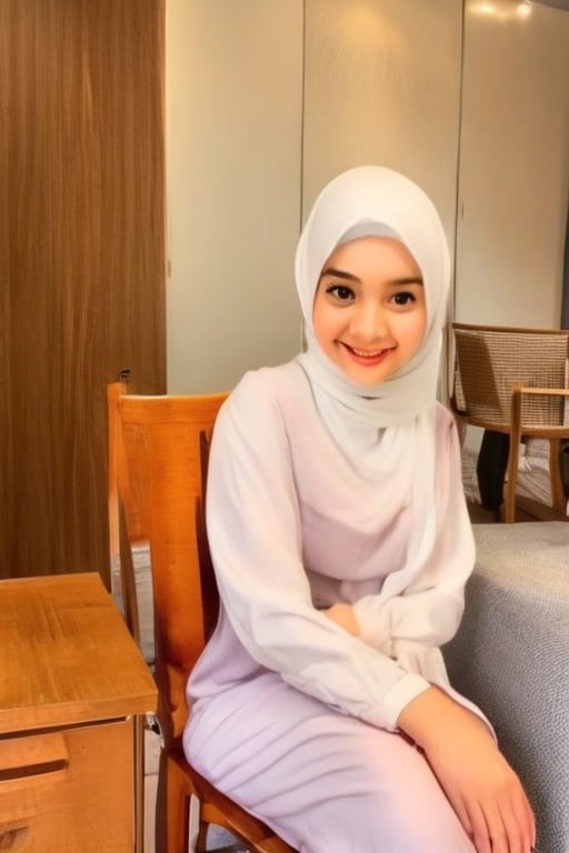 a photo of indonesian teen, wearing white hijab, sitting on chair, indoor, smiles