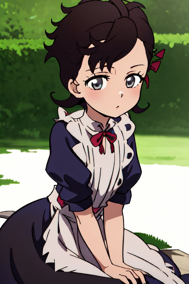 1girl, Rum, short hair, dark color hair, maid uniform, front fringe, two ribbons on the left side of the head, two ribbons on the right side of the head