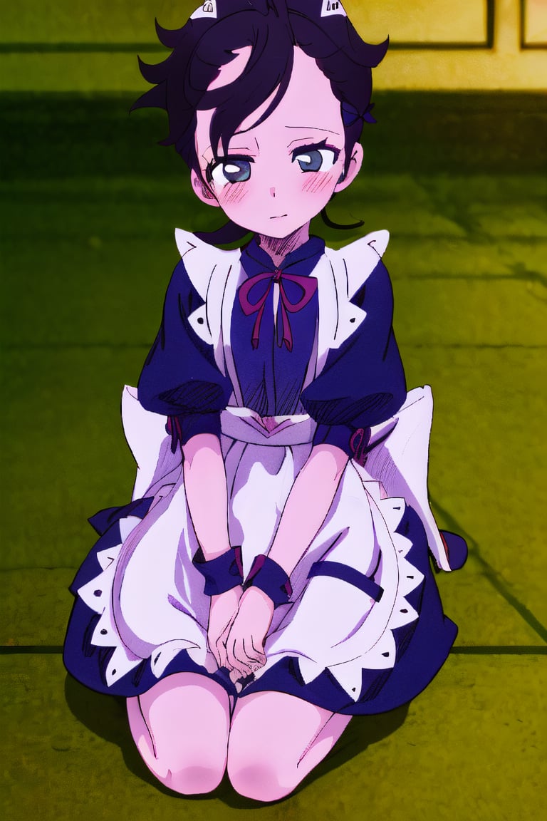 full body, 1girl, Rum, short hair, dark color hair, maid uniform, front fringe, two ribbons on the left side of the head, two ribbons on the right side of the head,kenkou cross style