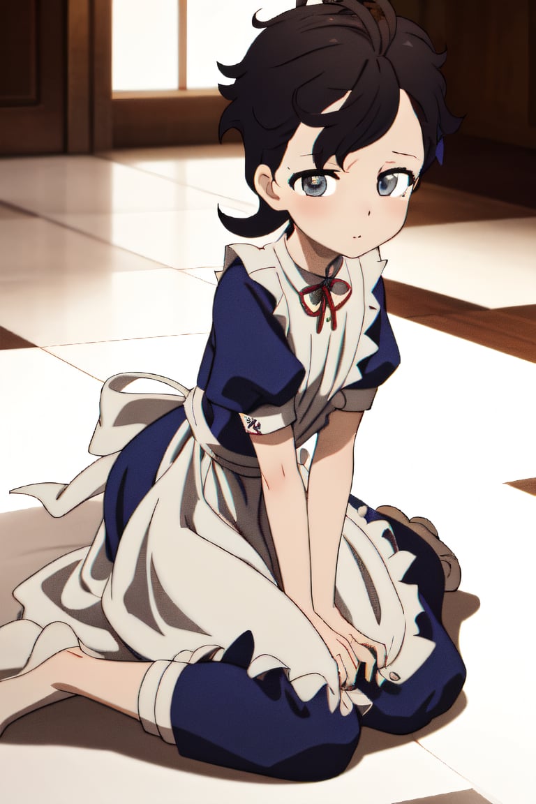 full body, 1girl, Rum, short hair, dark color hair, maid uniform, front fringe, two ribbons on the left side of the head, two ribbons on the right side of the head