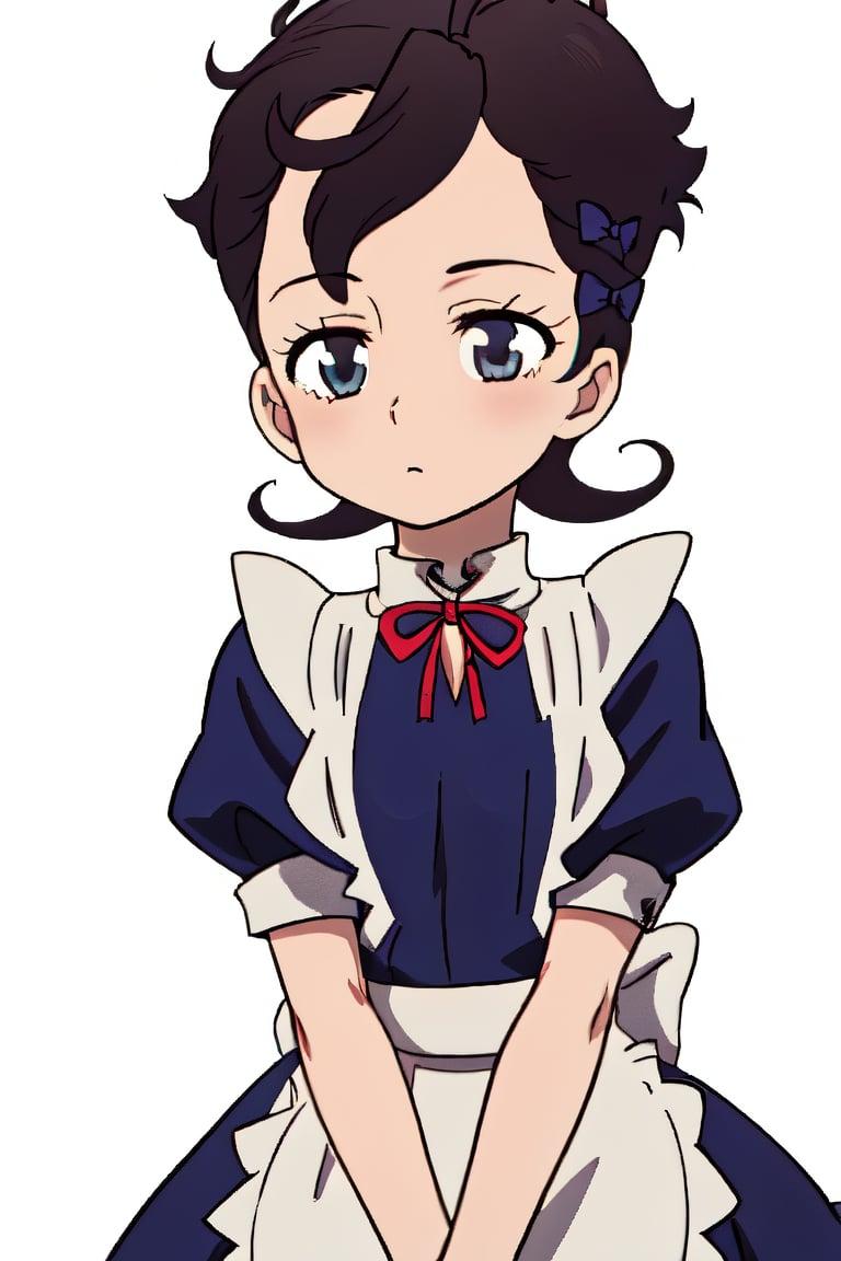 1girl, Rum, short hair, dark color hair, maid uniform, front fringe, two ribbons on the left side of the head, two ribbons on the right side of the head