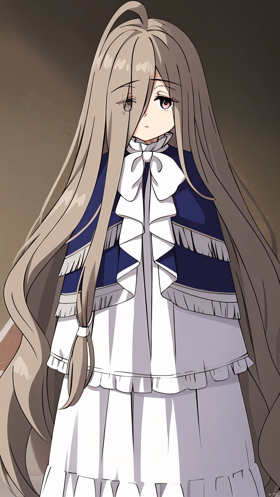 masterpiece,best quality,1girl,sense,
very long hair,wavy hair,hair over one eye,hair between eyes,hair tubes,capelet,frills,long dress,white dress,white bow,white bowtie,ribbon,long sleeves,long skirt,
holding his hair