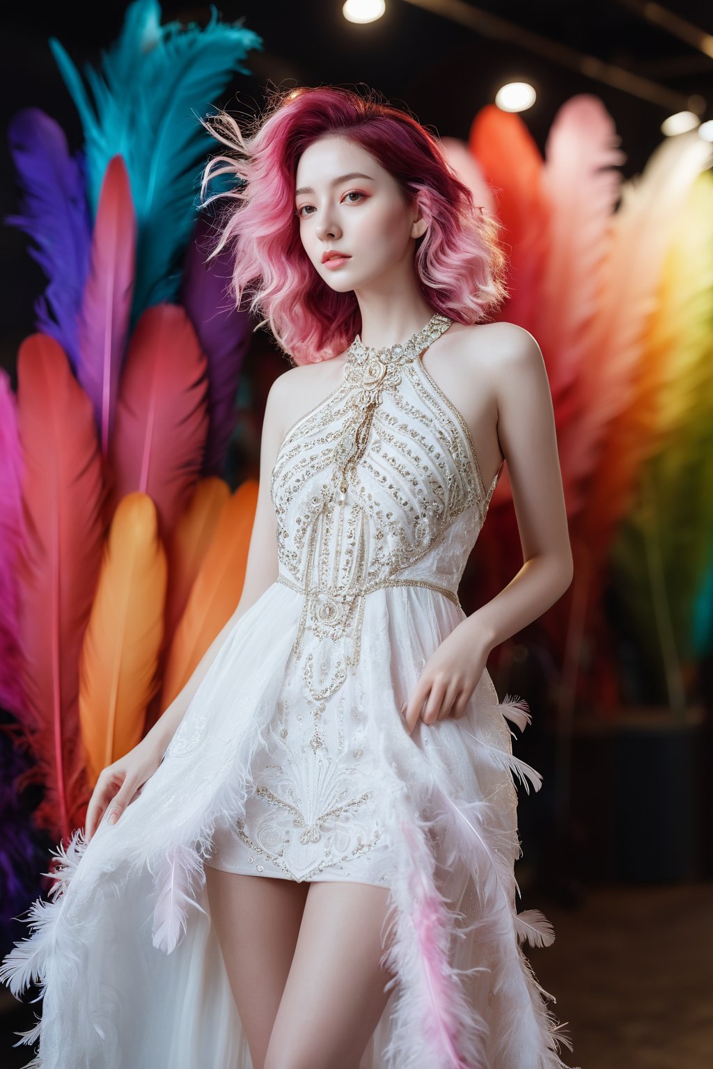  photorealistic,portrait of hubggirl, 
(ultra realistic,best quality),photorealistic,Extremely Realistic, in depth, cinematic light,

girl in a fluid and dynamic pose, wearing a loose, flowing white dress, mysterious expression, curly black and pink hair,hubg_jsnh, night, in a modern and abstract setting, with bold and colorful abstract art, blurred background, bright lighting, official art, uniform 8k wallpaper,(Feathers everywhere :1.3), depth of field level,

perfect hands,perfect lighting, vibrant colors, intricate details, high detailed skin, pale skin, intricate background, taken by Canon EOS,SIGMA Art Lens 35mm F1.4,ISO 200 Shutter Speed 2000,Vivid picture,