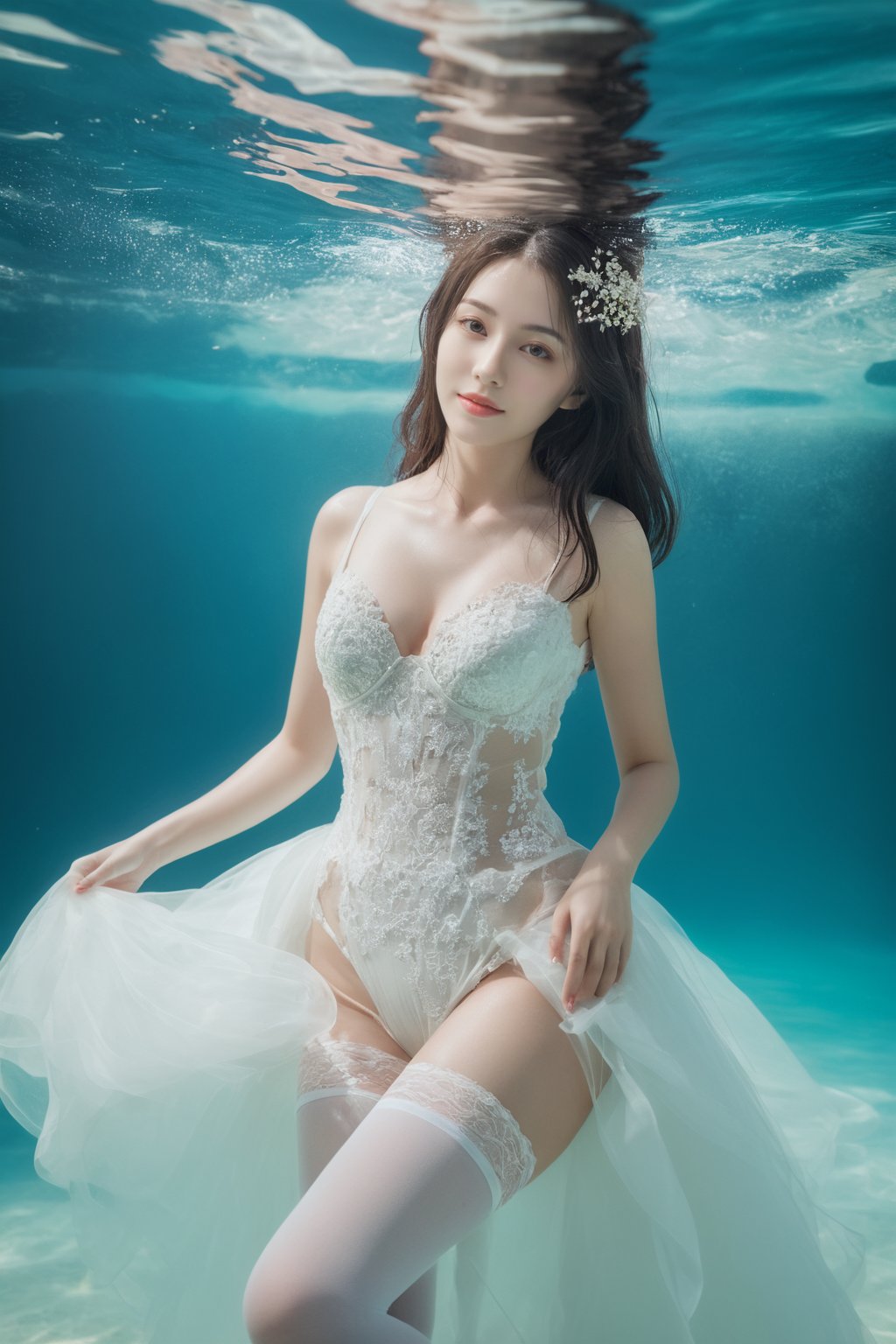 photorealistic,portrait of hubggirl, 
(ultra realistic,best quality),photorealistic,Extremely Realistic, in depth, cinematic light,

a beautiful girl wear wedding_dress,((white stockings)),smile,
full body,underwater, Floating hair,swimming,bent_over,Floating in water, bubbles, foam,

perfect hands, perfect lighting, vibrant colors, intricate details, high detailed skin, pale skin, intricate background, taken by Canon EOS,SIGMA Art Lens 35mm F1.4,ISO 200 Shutter Speed 2000,Vivid picture,