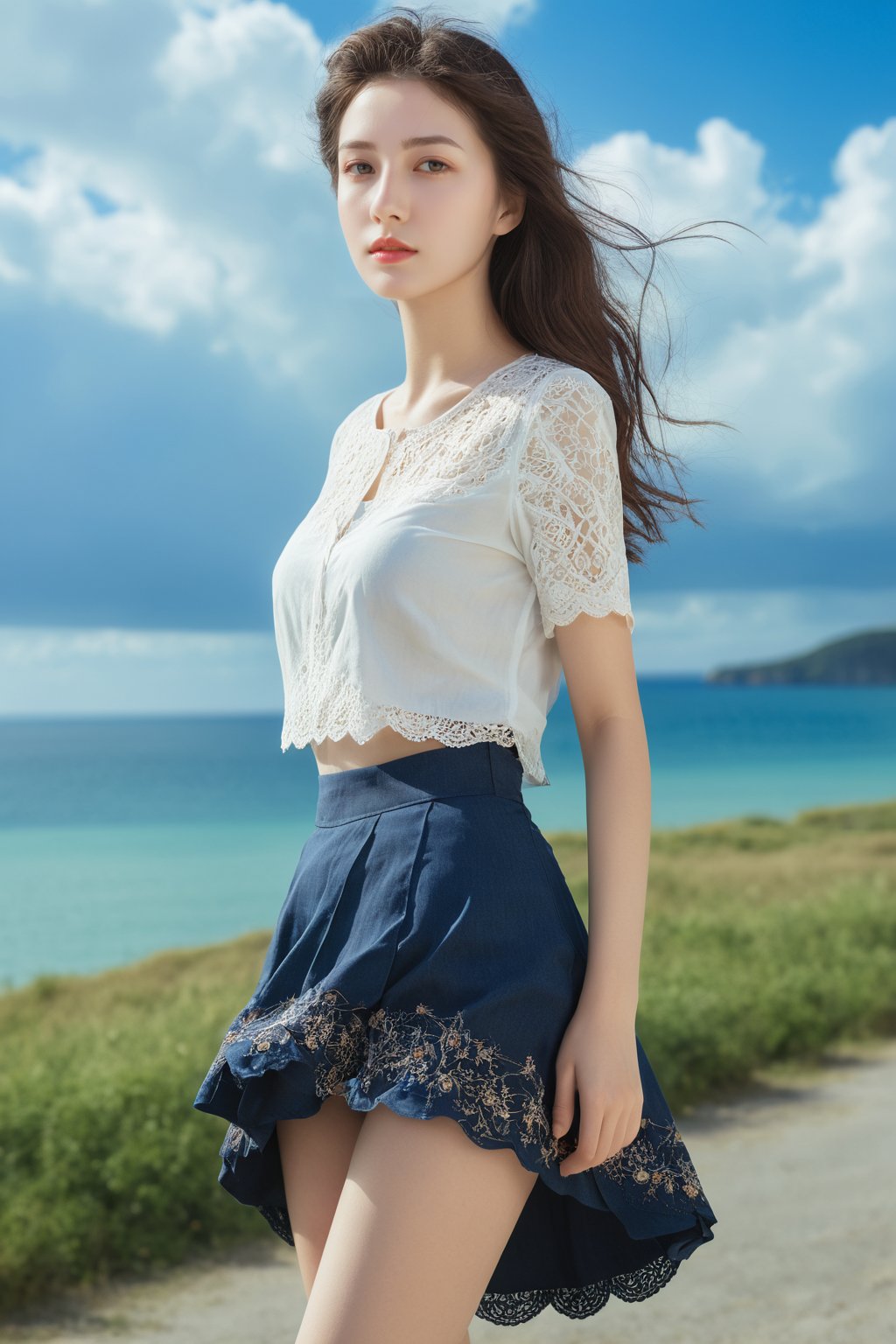 photorealistic,portrait of hubggirl, 
(ultra realistic,best quality),photorealistic,Extremely Realistic, in depth, cinematic light, hubggirl,

1girl,(medium hair:1.4),outdoors,(front:1.3),(standing:1.3),seaside,cloudy sky,High-low skirt,(cowboy_shot:1.2),navelwavy hair, 

perfect lighting, vibrant colors, intricate details, high detailed skin, pale skin, intricate background, realism,realistic,raw,analog,portrait,photorealistic, taken by Canon EOS,SIGMA Art Lens 35mm F1.4,ISO 200 Shutter Speed 2000,Vivid picture,