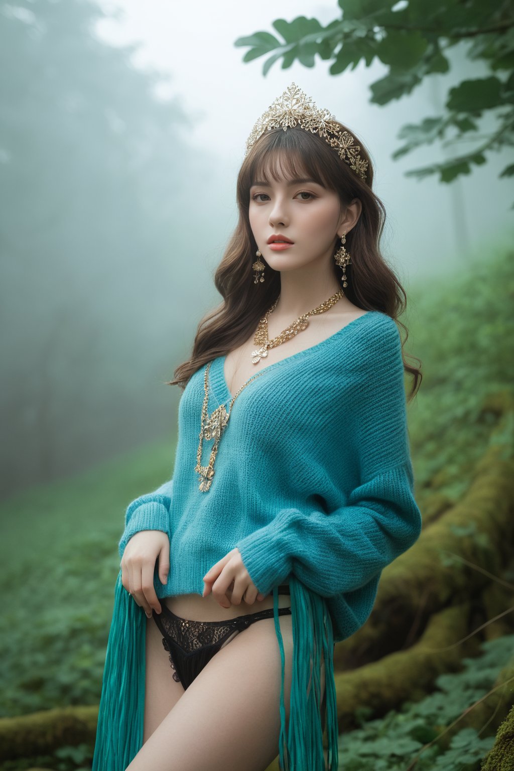  photorealistic,portrait of hubggirl, 
(ultra realistic,best quality),photorealistic,Extremely Realistic, in depth, cinematic light,

sweater,hubggirl,perfect hands, Exquisite features,Beautiful and moving,Glamorous,Flowing hair,Smoke,mist surrounds the attractive figure,hubg_jsnh, A misty forest, A sexy figure,Long,floating hair,big hair,hair strand, 

flat abdomen, crystal_earrings,headwear,
clover_hair_ornament,jewelry_necklace,tassel,arm_garter,pendant,

perfect hands,perfect lighting, vibrant colors, intricate details, high detailed skin, pale skin, intricate background, taken by Canon EOS,SIGMA Art Lens 35mm F1.4,ISO 200 Shutter Speed 2000,Vivid picture,