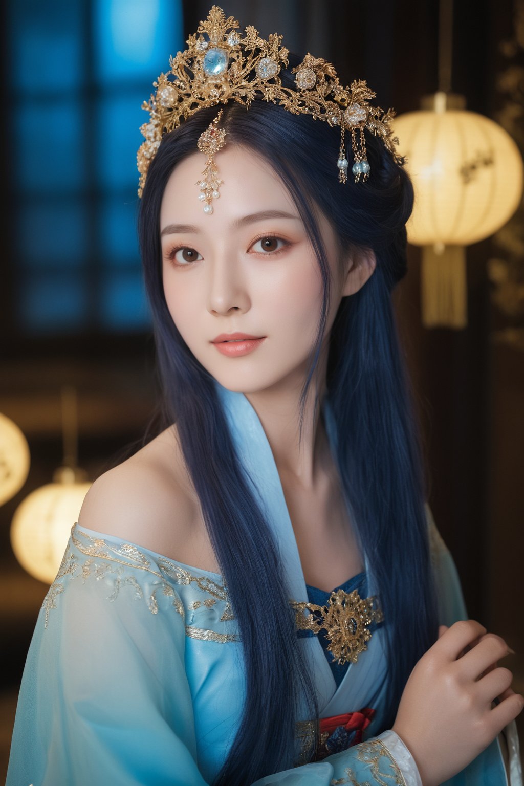 photorealistic,portrait of hubggirl, 
(ultra realistic,best quality),photorealistic,Extremely Realistic, in depth, cinematic light,

HUBG_Rococo_Style(loanword), hubggirl, hanfu, Portrait of noble and graceful goddess, dressed in blue and gold, elaborate coiffure hairstyle, dark hair, decoration, 

Brilliant scene with bright lights, mist, numerous decorations, joyful atmosphere, light smile,
,cinematic scenes, cinematic shots, cinematic lighting, volumetric lighting, ultra-detailed, 

perfect hands, perfect lighting, vibrant colors, intricate details, high detailed skin, pale skin, intricate background, taken by Canon EOS,SIGMA Art Lens 35mm F1.4,ISO 200 Shutter Speed 2000,Vivid picture,