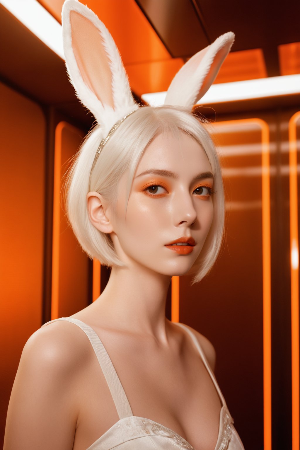  photorealistic,portrait of hubggirl, 
(ultra realistic,best quality),photorealistic,Extremely Realistic, in depth, cinematic light,

a beautiful female model standing in a space elevator,white hair,rabbit ears,Orange lighting,in the style of realistic hyper-detailed rendering, pseudo-realistic, redscale film, 

perfect hands,perfect lighting, vibrant colors, intricate details, high detailed skin, pale skin, intricate background, taken by Canon EOS,SIGMA Art Lens 35mm F1.4,ISO 200 Shutter Speed 2000,Vivid picture,