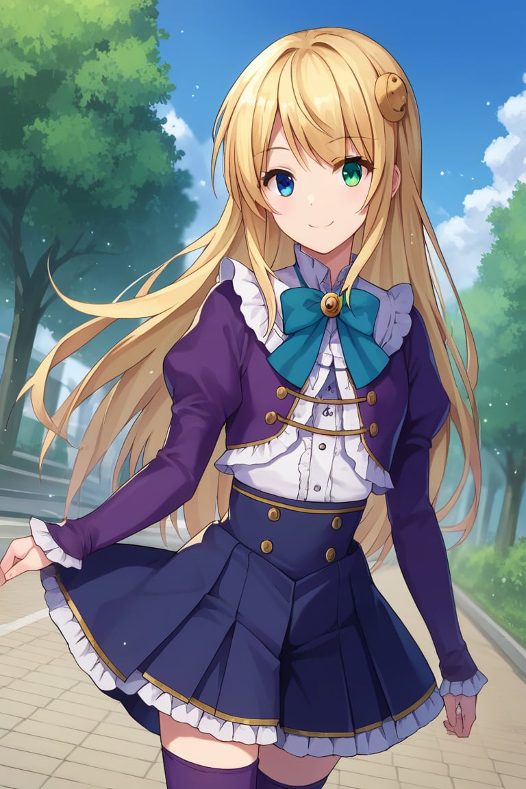 score_9, score_8_up, score_7_up, score_6_up, score_5_up, score_4_up, source_anime, BREAK yumina, 1girl, solo, walking, looking at viewer, blonde hair, long hair, hair ornament, bangs, heterochromia, green eyes, blue eyes, smile, frills, shirt, white shirt, blue ribbon, brooch, striped clothes, center frills, buttons, jacket, cropped jacket, purple jacket, puffy sleeves, long sleeves, skirt, high-waist skirt, pleated skirt, purple skirt, purple thighhighs, zettai ryouiki, cowboy shot, dutch angle, outdoors, park, day, blue sky, cloud