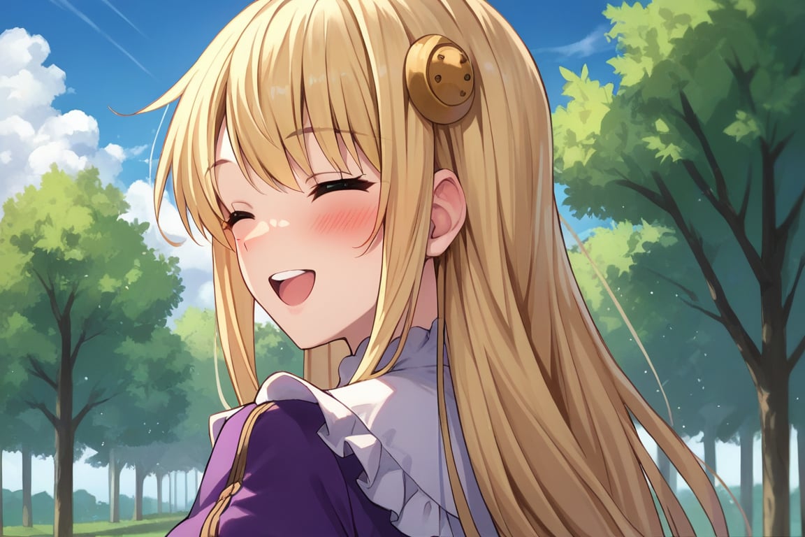 score_9, score_8_up, score_7_up, score_6_up, score_5_up, score_4_up, source_anime, wallpaper, BREAK yumina, 1girl, solo, upper body, from behind, back, portrait, blonde hair, long hair, hair ornament, bangs, closed eyes, embarrased, smile, open mouth, teeth, blush, frills, shirt, white shirt, blue ribbon, striped clothes, center frills, buttons, jacket, cropped jacket, purple jacket, puffy sleeves, long sleeves, outdoors, meadow, tree, blue sky, cloud,