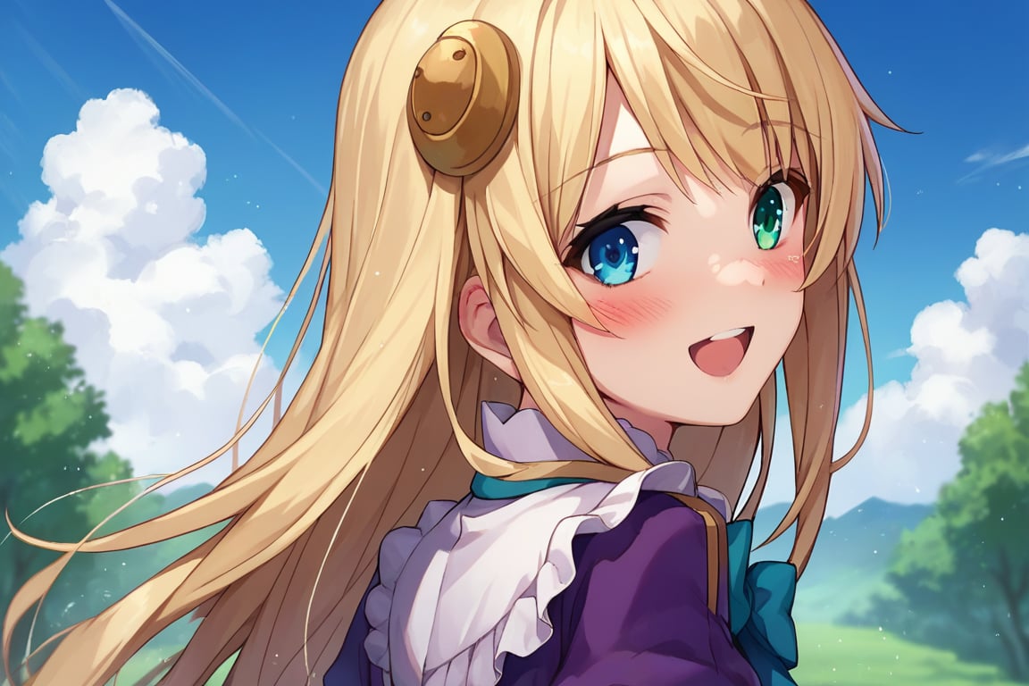 score_9, score_8_up, score_7_up, score_6_up, score_5_up, score_4_up, source_anime, wallpaper, BREAK yumina, 1girl, solo, upper body, from behind, back, portrait, looking at viewer, blonde hair, long hair, hair ornament, bangs, heterochromia, green eyes, blue eyes, embarrased, smile, open mouth, blush, frills, shirt, white shirt, blue ribbon, brooch, striped clothes, center frills, buttons, jacket, cropped jacket, purple jacket, puffy sleeves, long sleeves, outdoors, meadow, tree, blue sky, cloud,