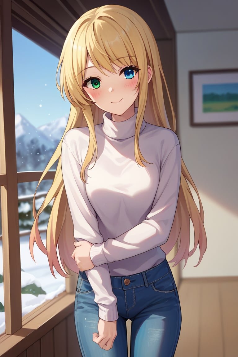 score_9, score_8_up, score_7_up, score_6_up, score_5_up, score_4_up, source_anime, BREAK yumina, 1girl, solo, standing, grabbing own arm, looking at viewer, blonde hair, long hair, bangs, heterochromia, green eyes, blue eyes, smile, closed mouth, blush, turtleneck sweater, long sleeves, denim pants, cowboy shot, indoors, day, winter, beautiful blurred background,