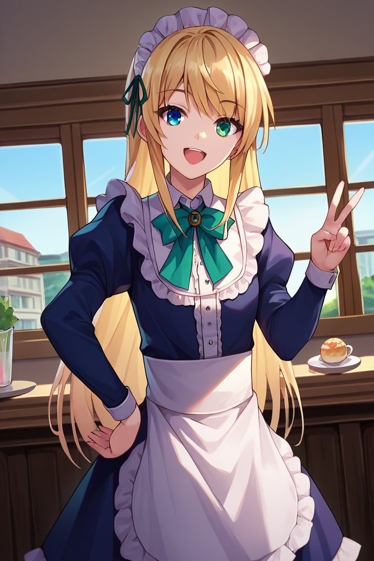 score_9, score_8_up, score_7_up, score_6_up, score_5_up, score_4_up, source_anime, BREAK yumina, 1girl, solo, standing, hand on own hip, v, looking at viewer, blonde hair, long hair, bangs, heterochromia, green eyes, blue eyes, smile, open mouth, maid, maid dress, collared dress, striped clothes, maid headdress, frills, hair ribbon, apron, waist apron, puffy sleeves, long sleeves, neck ribbon, cowboy shot, dutch angle, indoors, cafe, day, table, window, 