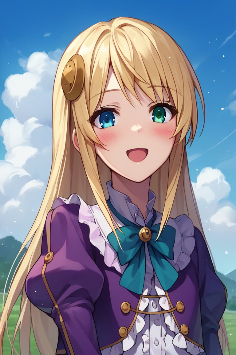 score_9, score_8_up, score_7_up, score_6_up, score_5_up, score_4_up, source_anime, wallpaper, BREAK yumina, 1girl, solo, upper body, from below, portrait, looking at viewer, blonde hair, long hair, hair ornament, bangs, heterochromia, green eyes, blue eyes, embarrased, smile, open mouth, blush, frills, shirt, white shirt, blue ribbon, brooch, striped clothes, center frills, buttons, jacket, cropped jacket, purple jacket, puffy sleeves, long sleeves, outdoors, meadow, blue sky, clouds,