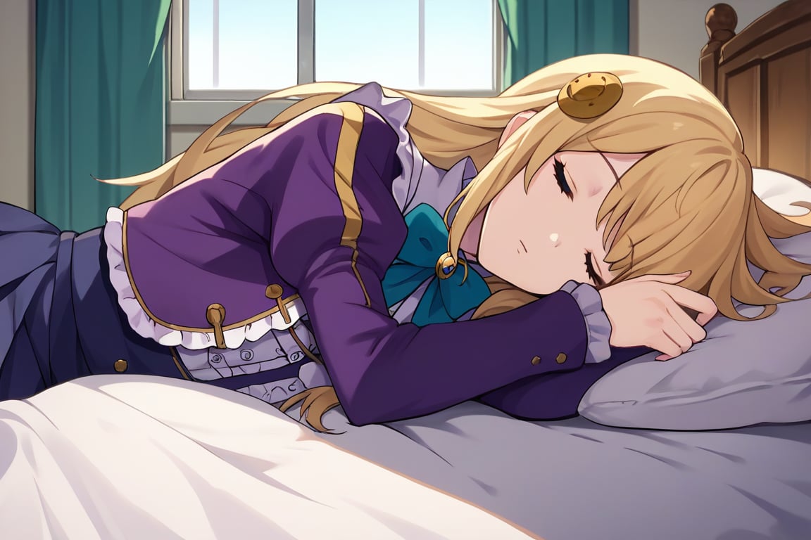 score_9, score_8_up, score_7_up, score_6_up, score_5_up, score_4_up, source_anime, BREAK yumina, 1girl, solo, lying on side, sleeping, blonde hair, long hair, hair in the face, hair ornament, bangs, frills, shirt, white shirt, blue ribbon, brooch, striped clothes, center frills, buttons, jacket, cropped jacket, purple jacket, puffy sleeves, long sleeves, skirt, high-waist skirt, pleated skirt, purple skirt, indoors, bed, bedroom, window, light, day, 