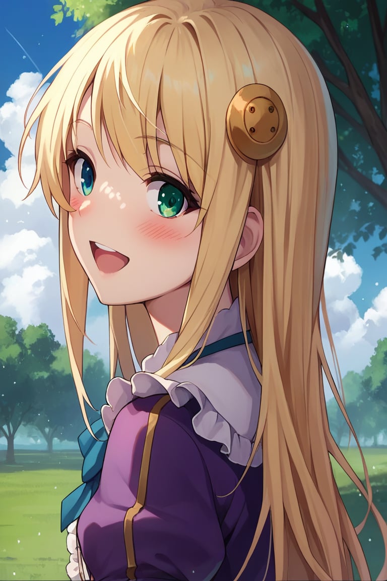 score_9, score_8_up, score_7_up, score_6_up, score_5_up, score_4_up, source_anime, wallpaper, BREAK yumina, 1girl, solo, upper body, from behind, back, portrait, looking at viewer, blonde hair, long hair, hair ornament, bangs, heterochromia, green eyes, blue eyes, embarrased, smile, open mouth, blush, frills, shirt, white shirt, blue ribbon, striped clothes, center frills, buttons, jacket, cropped jacket, purple jacket, puffy sleeves, long sleeves, outdoors, meadow, tree, blue sky, cloud,