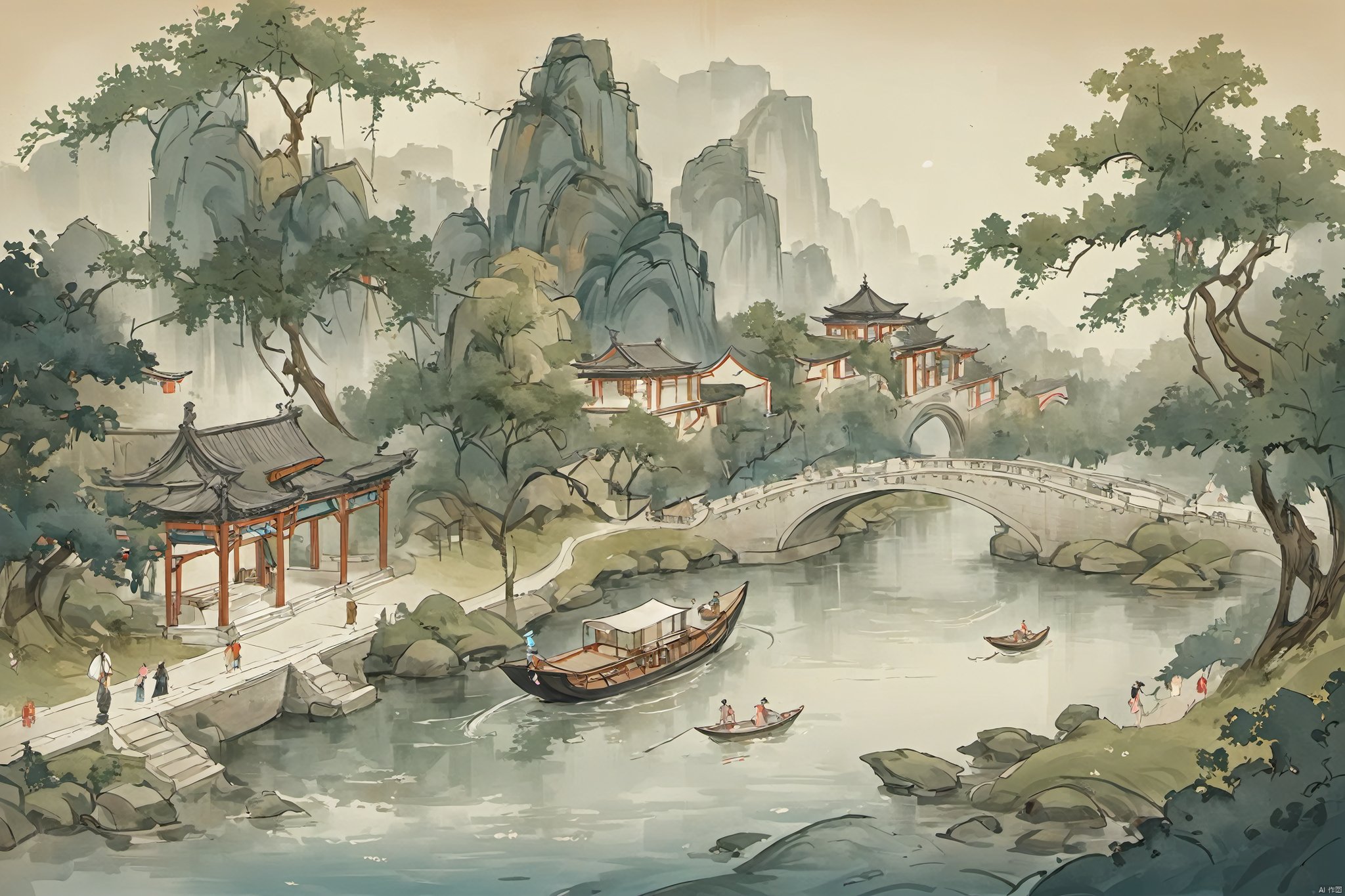 River,outdoors,water,tree,building,scenery,ancient architecture,Boat,Tree,humans,stone arch bridge,carriage,street, vector illustration, traditional chinese ink painting, gchf, guohua, outdoor,动漫