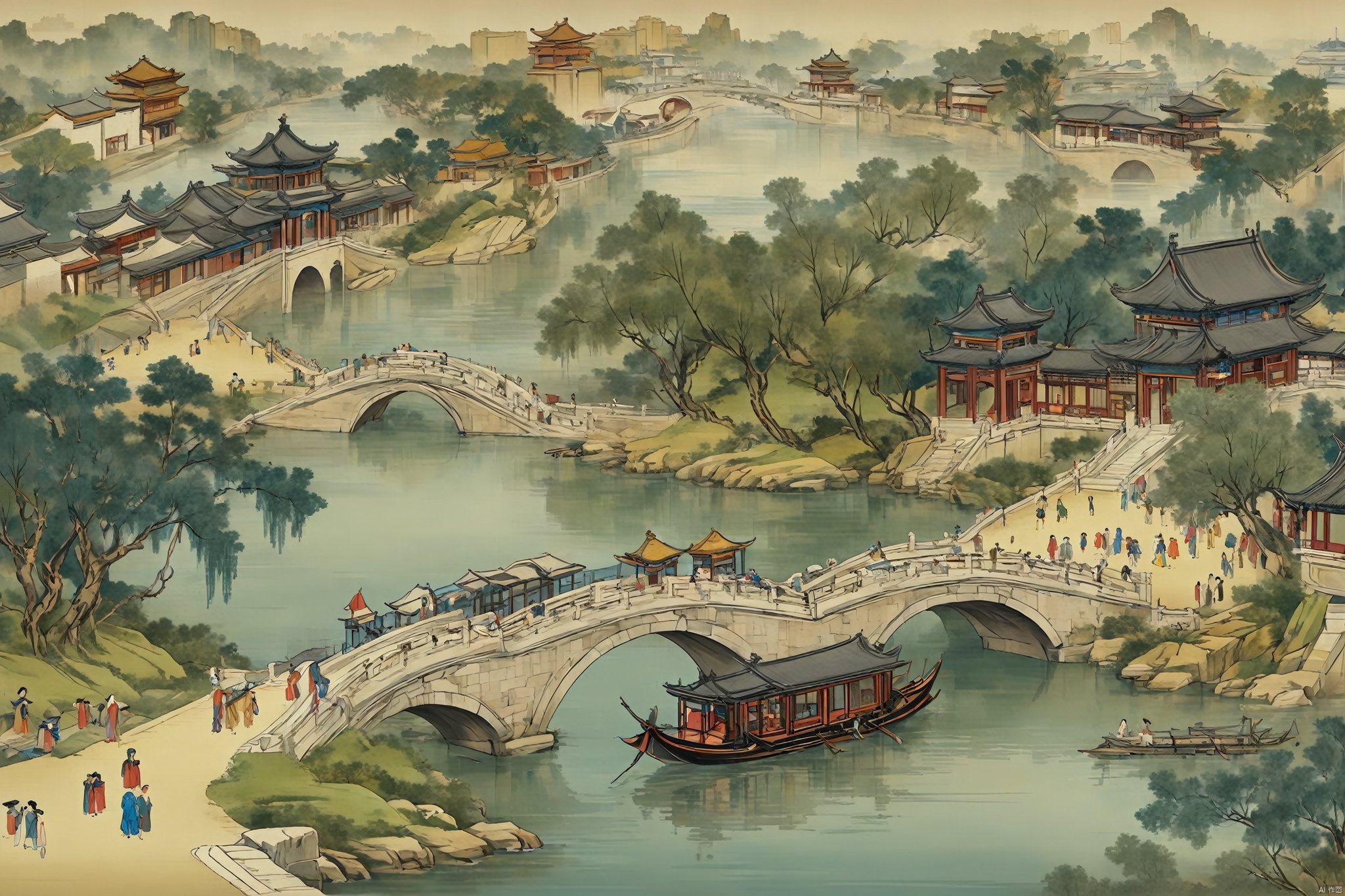  River,outdoors,water,tree,building,scenery,ancient architecture,Boat,Tree,humans,stone arch bridge,carriage,street, vector illustration, traditional chinese ink painting, gchf, guohua,outdoor,动漫