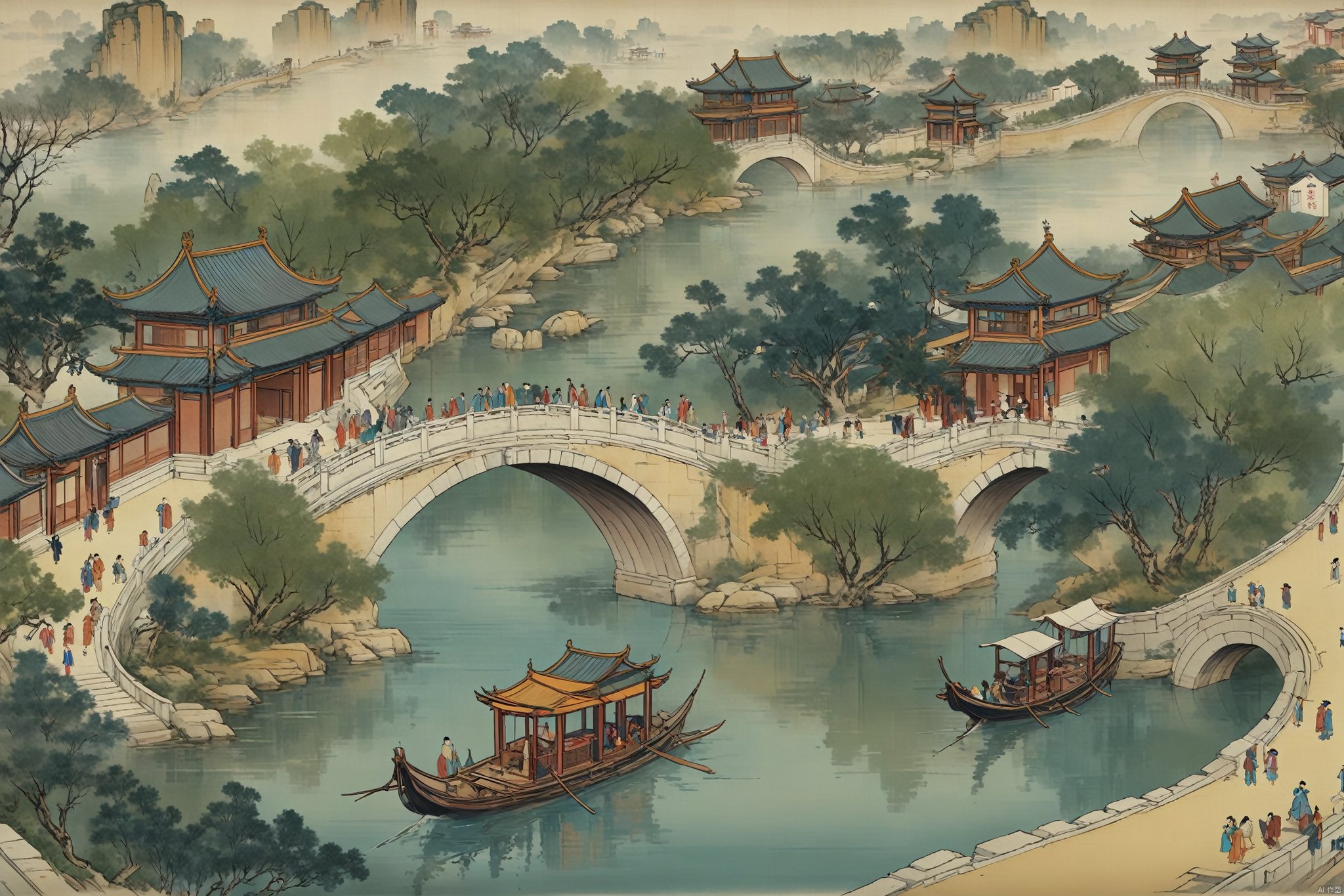  River,outdoors,water,tree,building,scenery,ancient architecture,Boat,Tree,humans,stone arch bridge,carriage,street, vector illustration, traditional chinese ink painting, gchf, guohua,outdoor,动漫