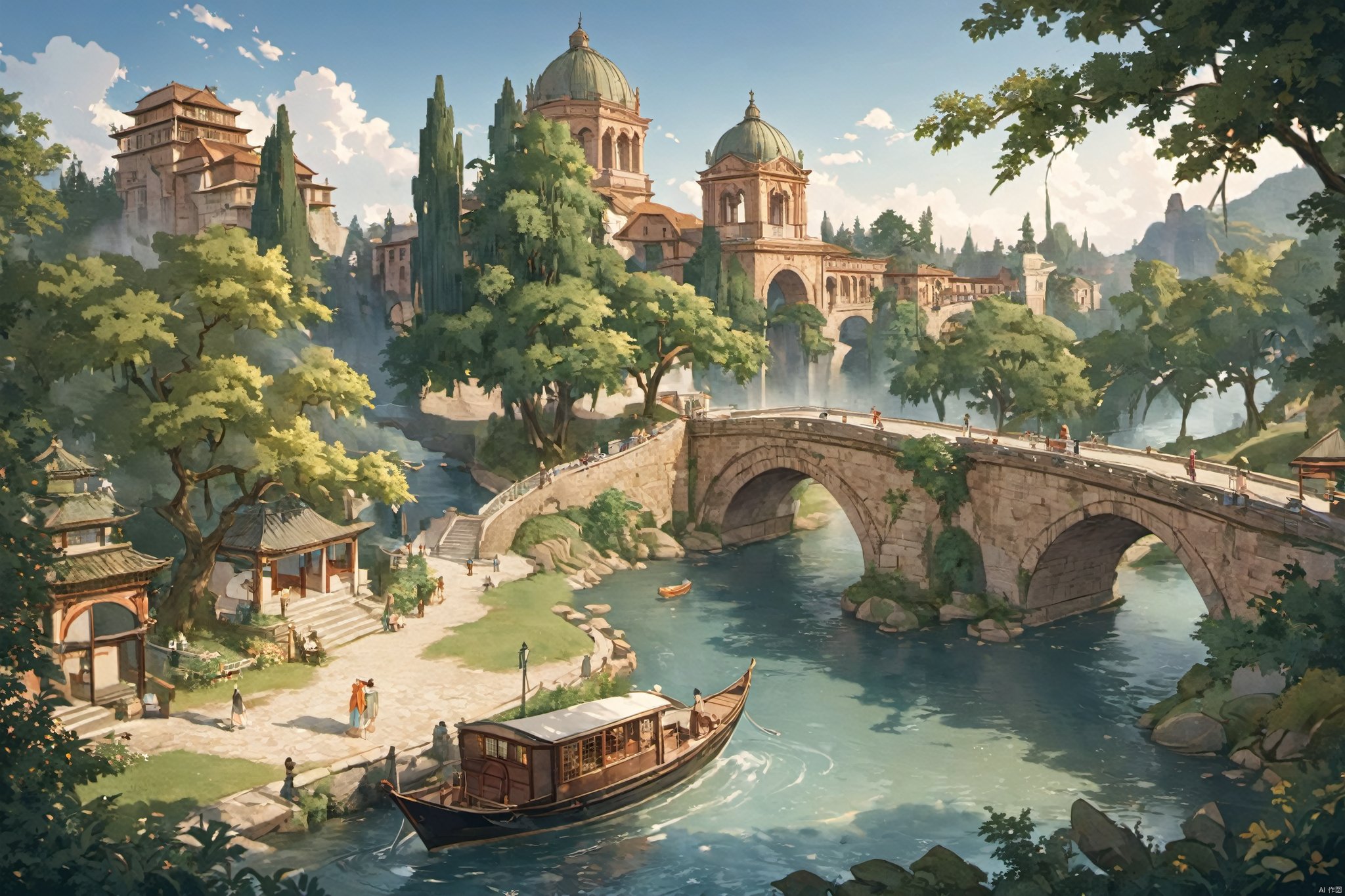 River,outdoors,water,tree,building,scenery,ancient architecture,Boat,Tree,humans,stone arch bridge,carriage,street, vector illustration