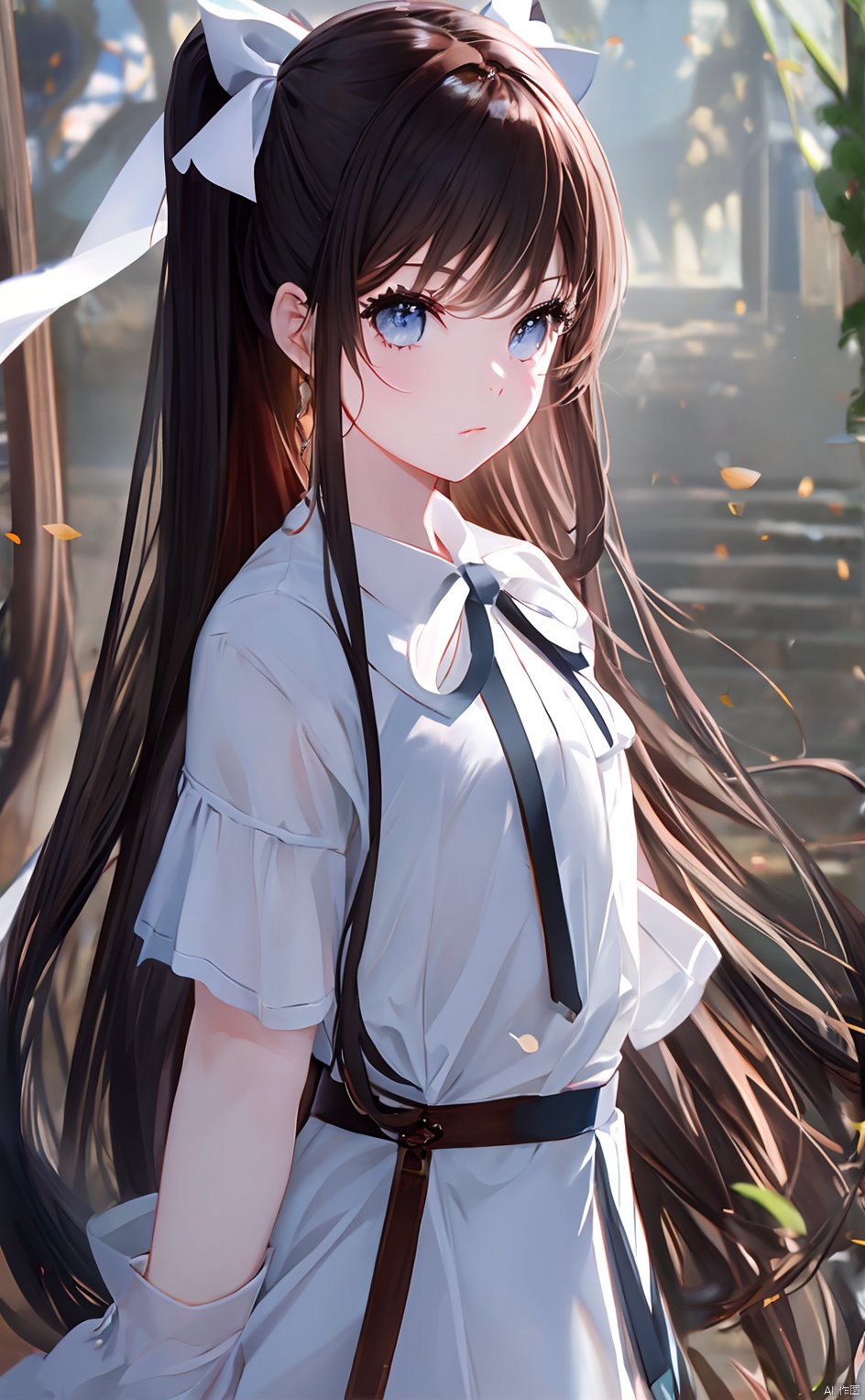 masterpiece,8k,best quality,1girl,solo,((depth of field)),bowknot,long hair,light,white ribbon,