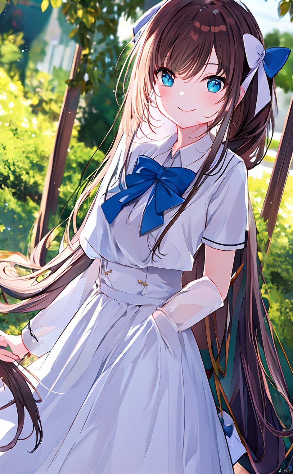 masterpiece,8k,best quality,1girl,solo,((depth of field)),bowknot,long hair,light,white ribbon,outdoors,smile