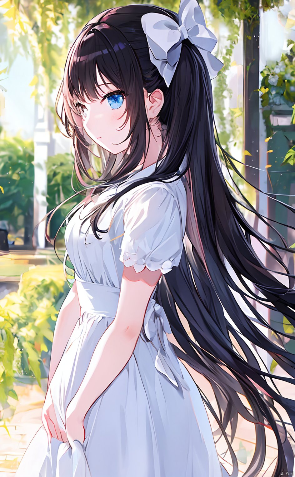 masterpiece,8k,best quality,1girl,solo,((depth of field)),bowknot,long hair,light,white ribbon,