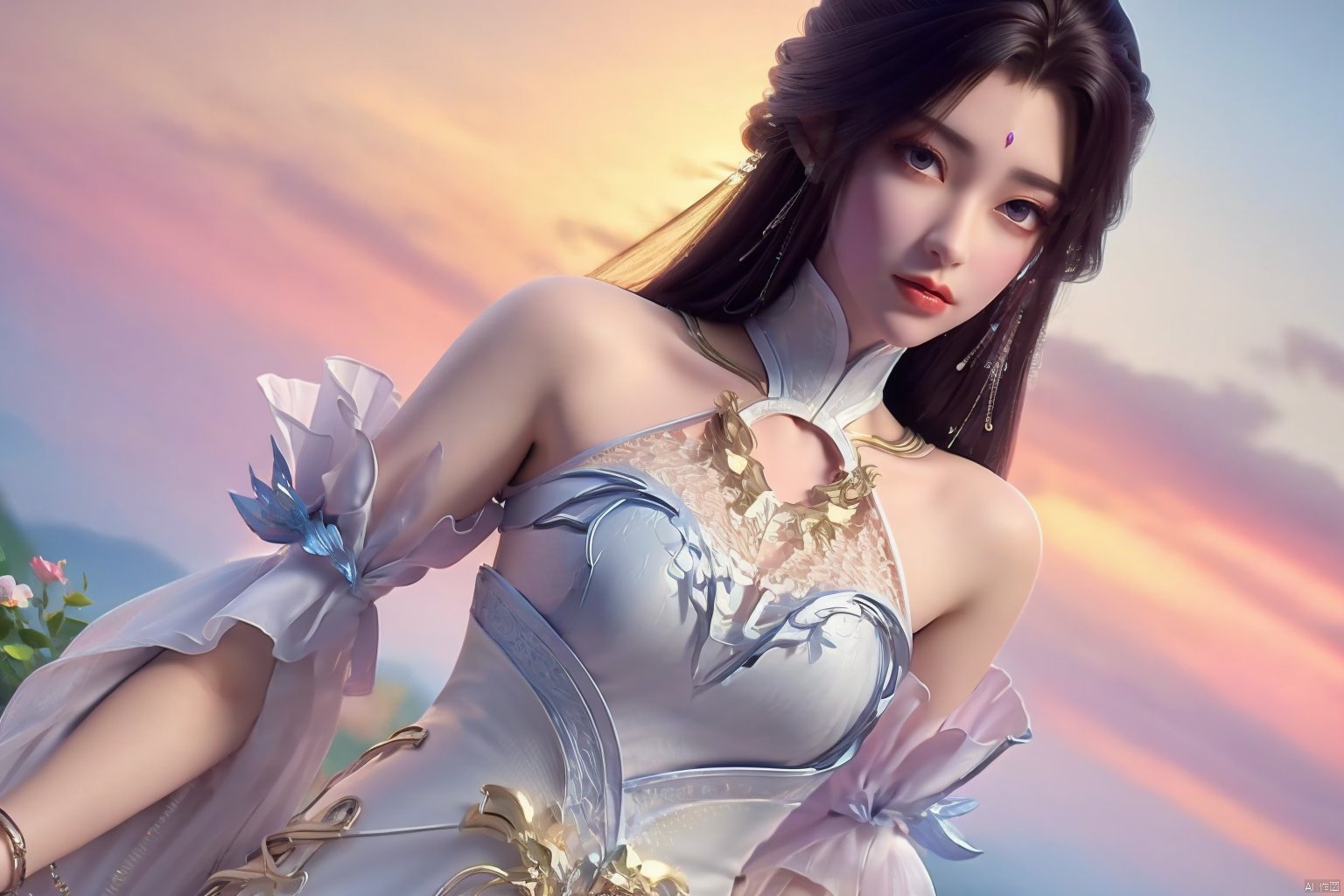  ((4k,masterpiece,best quality)), l
Photography, surreal photography, professional camera, 8k photos, wallpaper,
1 girl ,solo,yuechan ,bare shoulders,jewelry, eyelashes,eyeshadow,mole , mole under eye,Perfect female figure,(Upper body:1.1),
butterfly,Flowers,