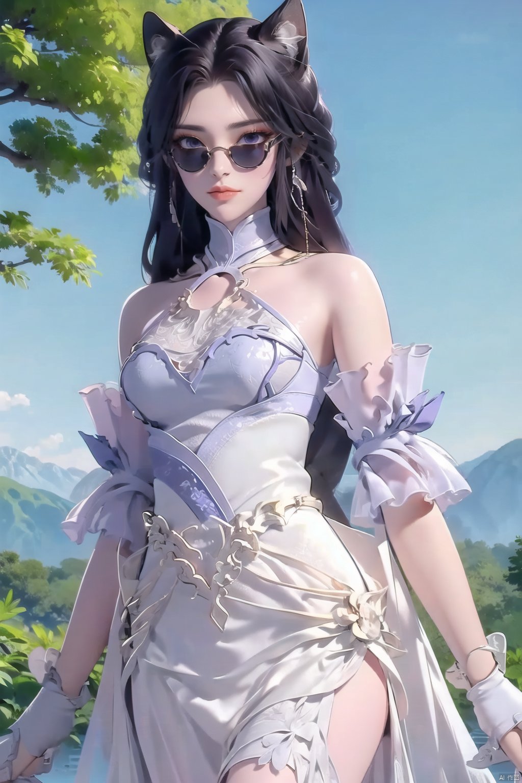  ((4k,masterpiece,best quality)), shuimobysim, traditional chinese ink painting, lotus, solo, blake hair, long hair, fox ears,look at viewer, dress,ruhua,chinese clothes,closed mouth,Mountains, trees, forests, mountains, running water,
1 girl ,solo,yuechan ,bare shoulders,jewelry, eyelashes,eyeshadow,mole , mole under eye, Toodles Galore
(purplecollar,sunglasses,eyewear,gloves:1.5)