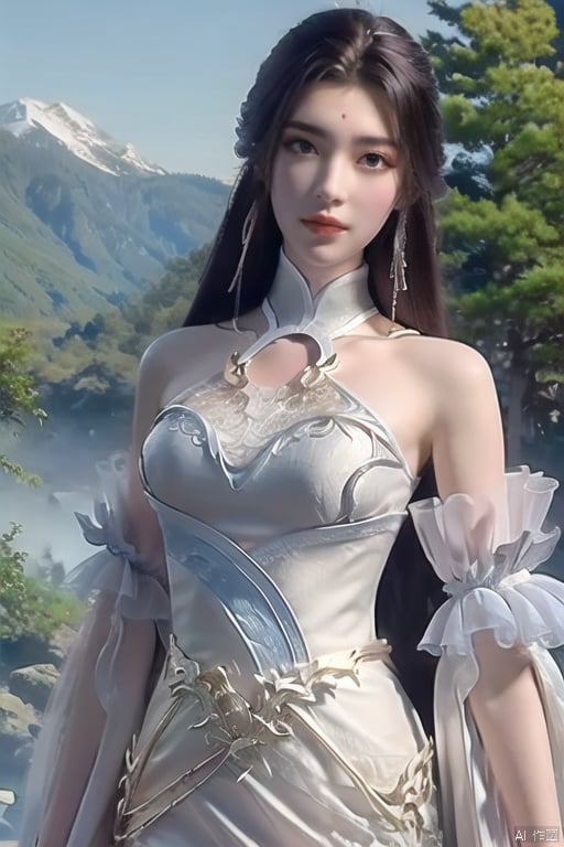  ((4k,masterpiece,best quality)), shuimobysim, traditional chinese ink painting, lotus, solo, blake hair, long hair, fox ears,look at viewer, dress,ruhua,chinese clothes,closed mouth,Mountains, trees, forests, mountains, running water,
1 girl ,solo,yuechan ,bare shoulders,jewelry, eyelashes,eyeshadow,mole , mole under eye,