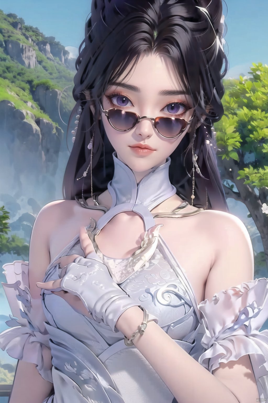  ((4k,masterpiece,best quality)), shuimobysim, traditional chinese ink painting, lotus, solo, blake hair, long hair, fox ears,look at viewer, dress,ruhua,chinese clothes,closed mouth,Mountains, trees, forests, mountains, running water,
1 girl ,solo,yuechan ,bare shoulders,jewelry, eyelashes,eyeshadow,mole , mole under eye, Toodles Galore
(purplecollar,sunglasses,eyewear,gloves:1.5)