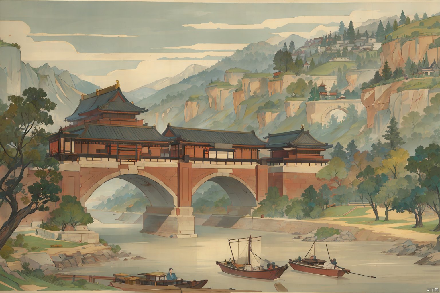 River,outdoors,water,tree,building,scenery,ancient architecture,Boat,Tree,humans,stone arch bridge,carriage,street, vector illustration, traditional chinese ink painting, gchf, guohua,outdoor,动漫, 
