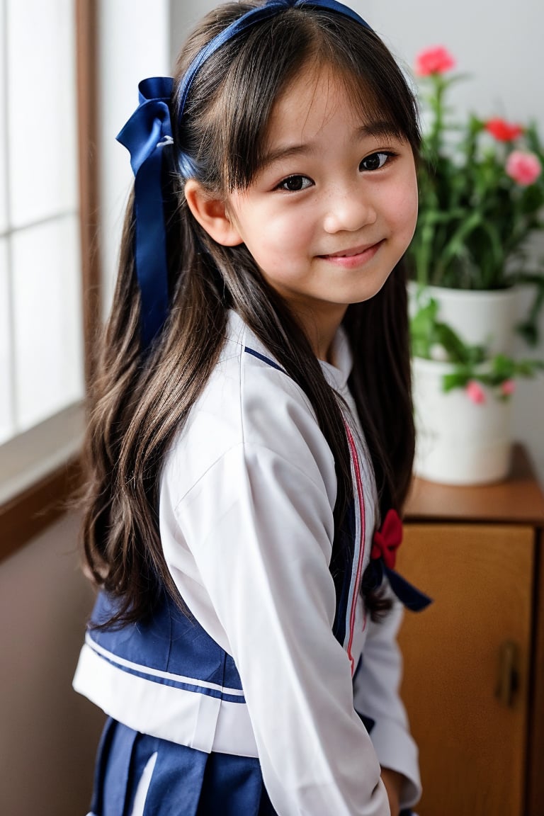 indoors, background gradient, f1l1p1no, 13 year old girl, adorable, cute, long hair, hair ribbon, sailor suit, head tilt, smile, portrait, 8k uhd, dslr, natural light, high quality, realistic, bokeh, ff1