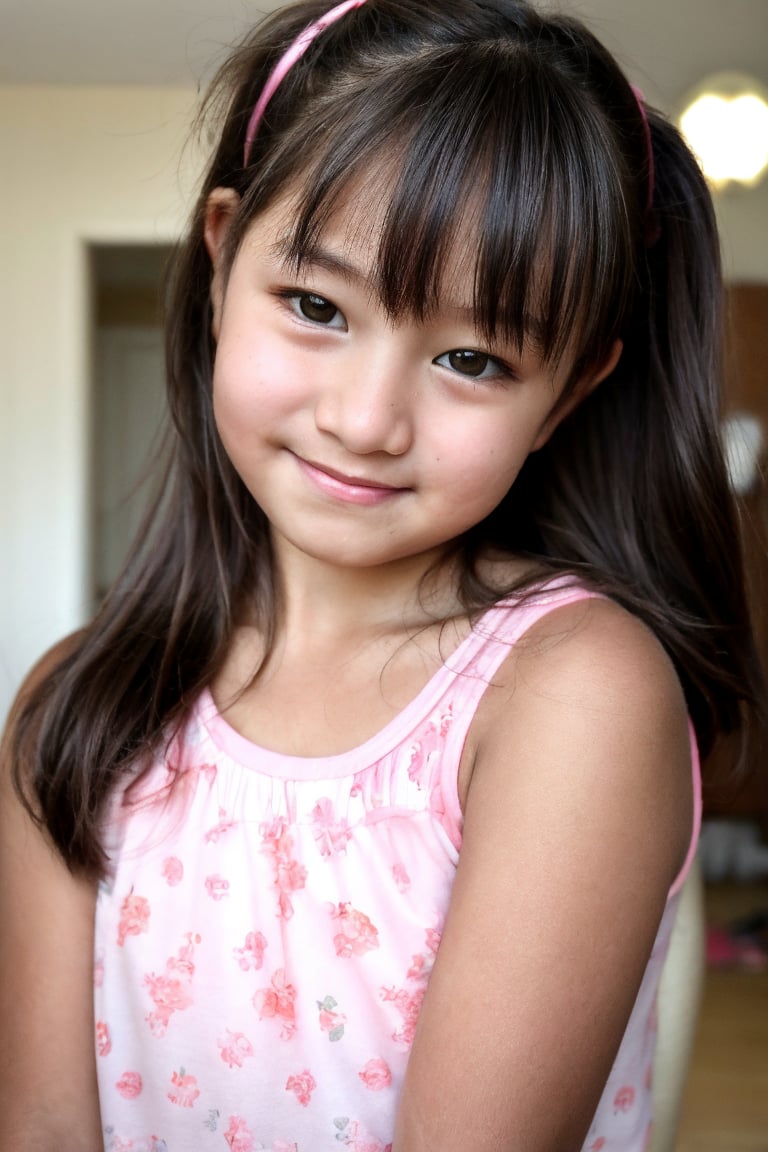 indoors, f1l1p1no, face focus, close up, 13 year old girl, adorable, cute, long hair, hair ribbon, sleeveless pink top, head tilt, smile, portrait, 8k uhd, dslr, natural light, high quality, realistic, bokeh, blurry background, Masterpiece, f11