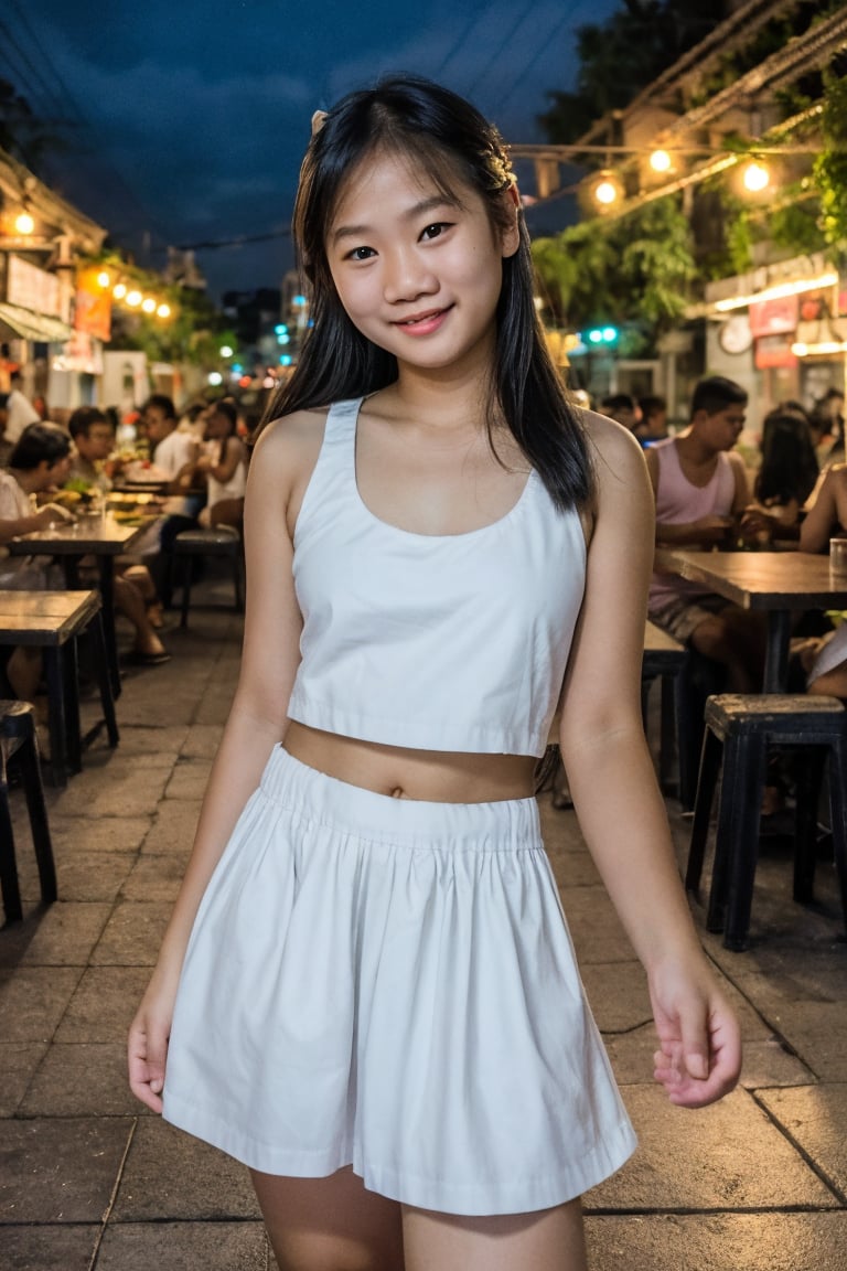 pov, outdoor restaurant in Manila, nighttime, f1l1p1no, 13 year old girl, long hair, short sleeveless cotton top, midriff, short skirt, smile, holding a tray with food, 8k uhd, dslr, natural light, high quality, realistic